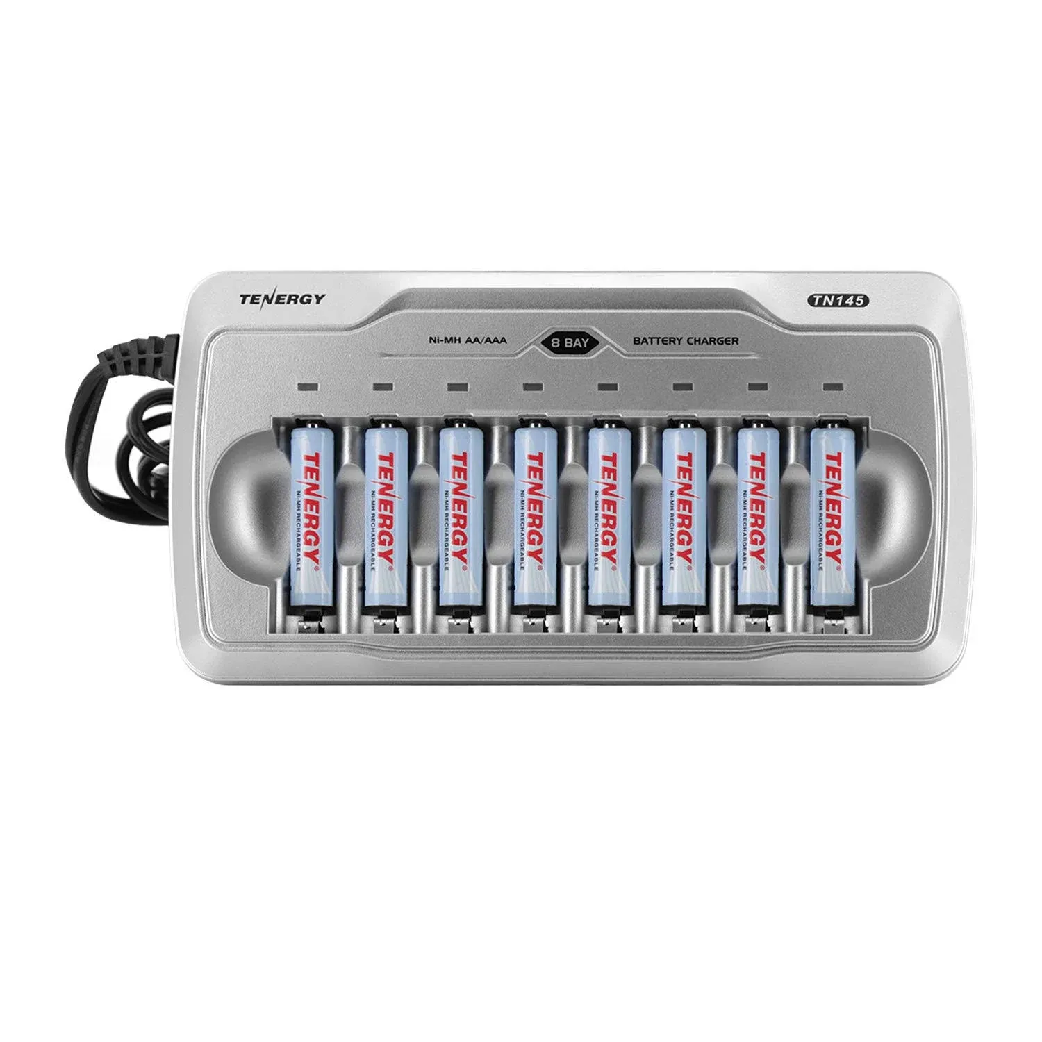 Tenergy TN145 8 Bay Charger and 8 Pack Rechargeable AAA Batteries, Independent Charging, UL & CE Certified