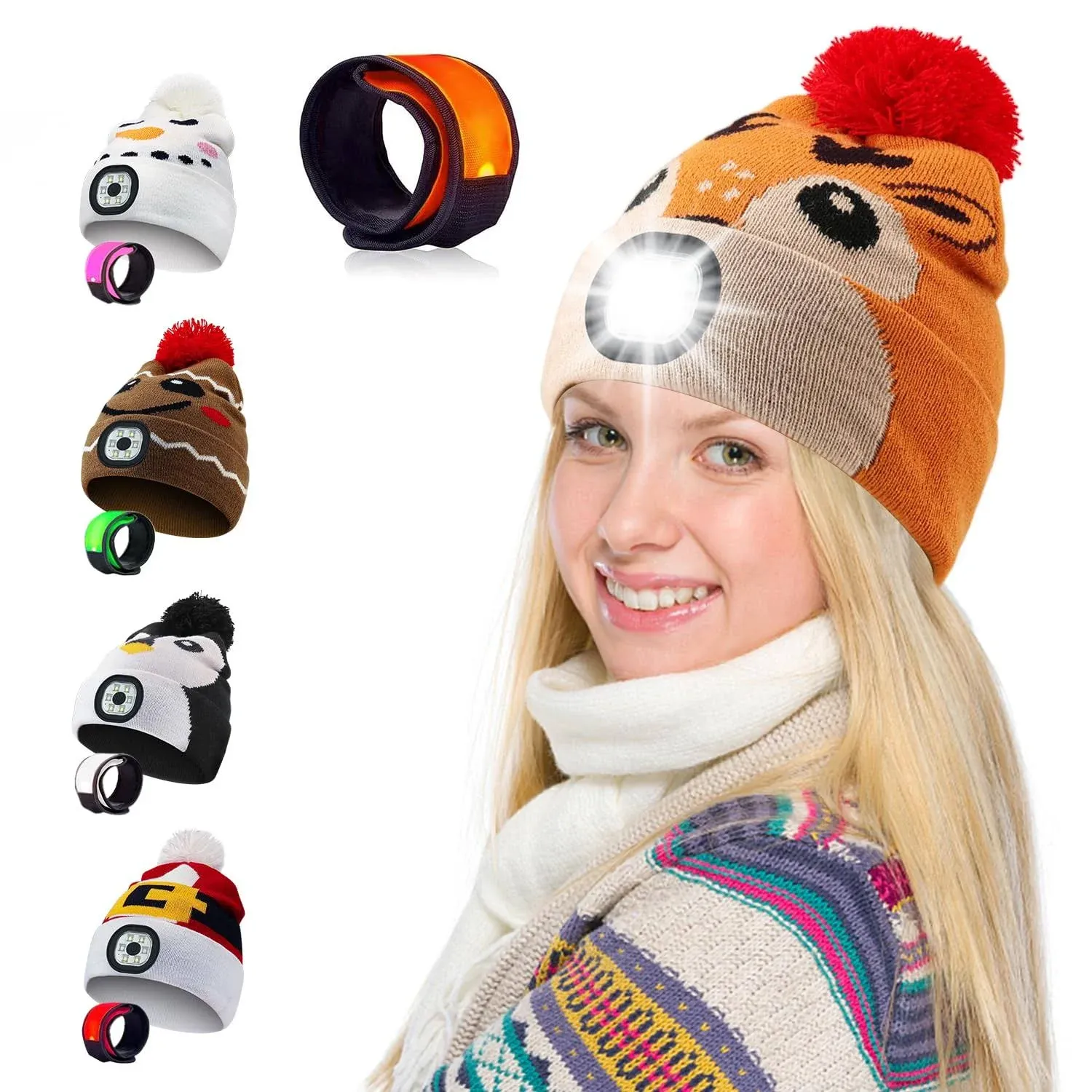 LED Beanie with Light for Adults USB Rechargeable Headlamp Cap Slap Bracelet ...