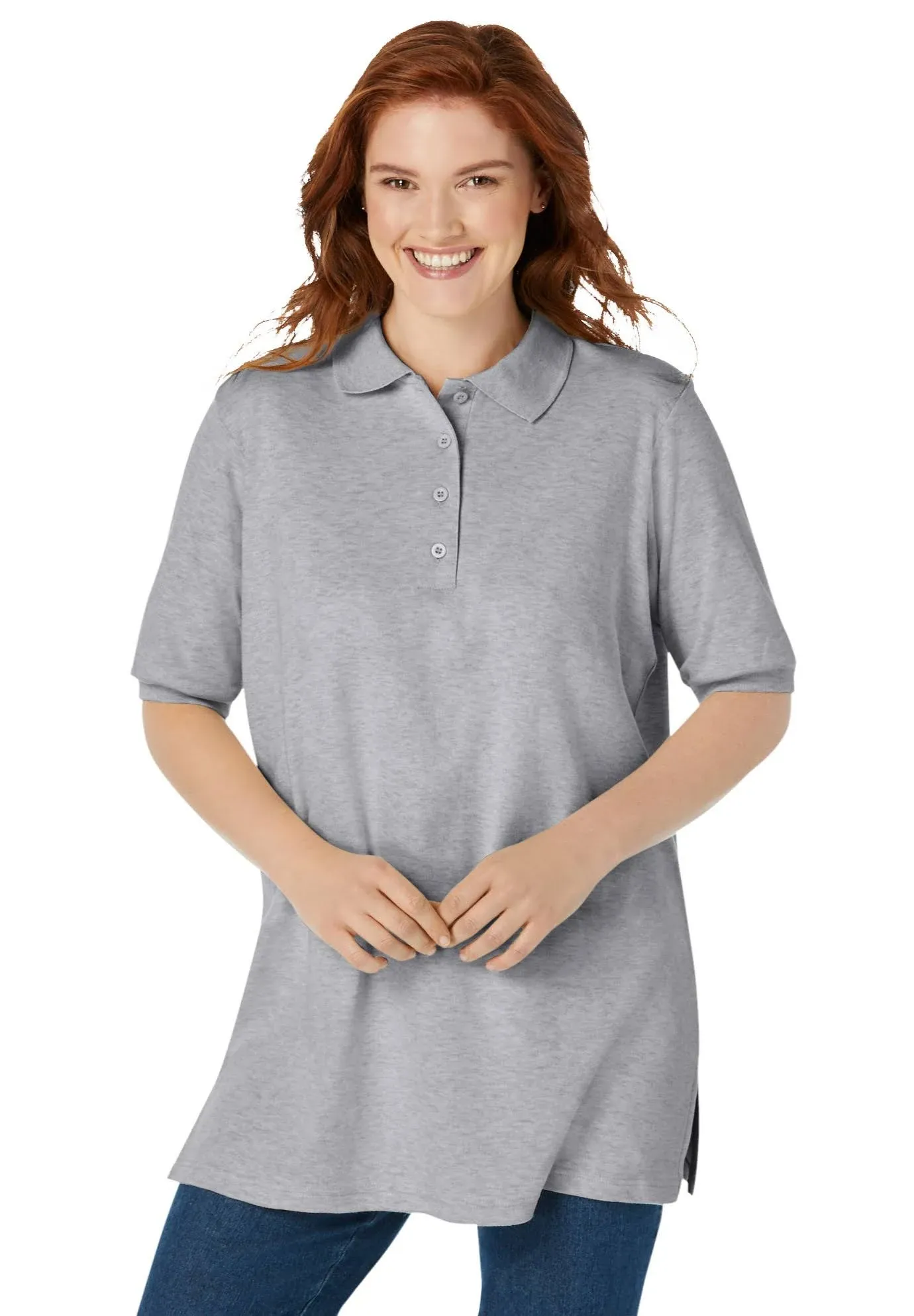 Plus Size Women's Elbow Short-Sleeve Polo Tunic by Woman Within in Medium Heather Grey (Size 6X) Polo Shirt