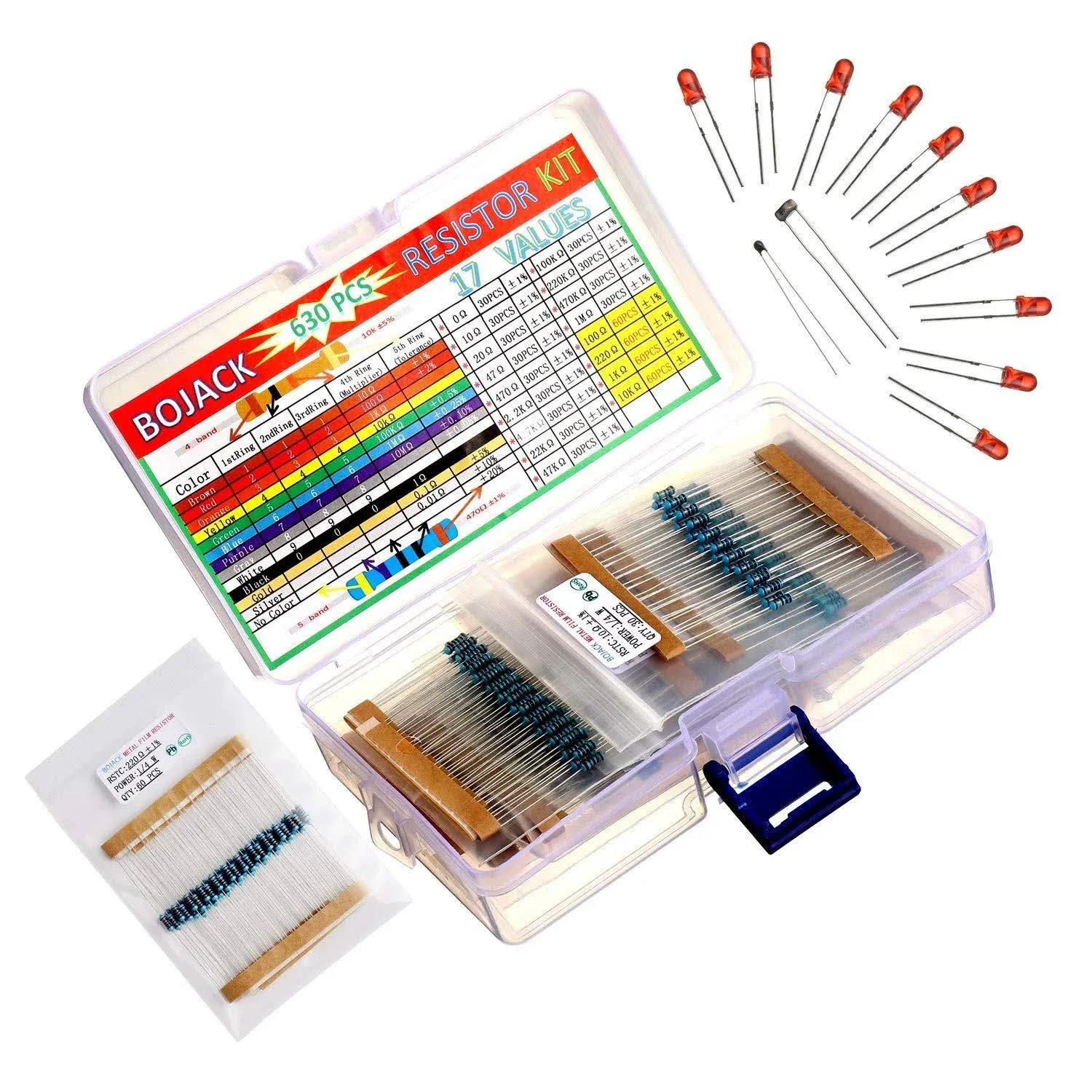 BOJACK 630 Pcs 17 Values Resistor Kit 0 Ohm-1M Ohm with 1% 1/4W Metal Film Resistors Assortment Kit