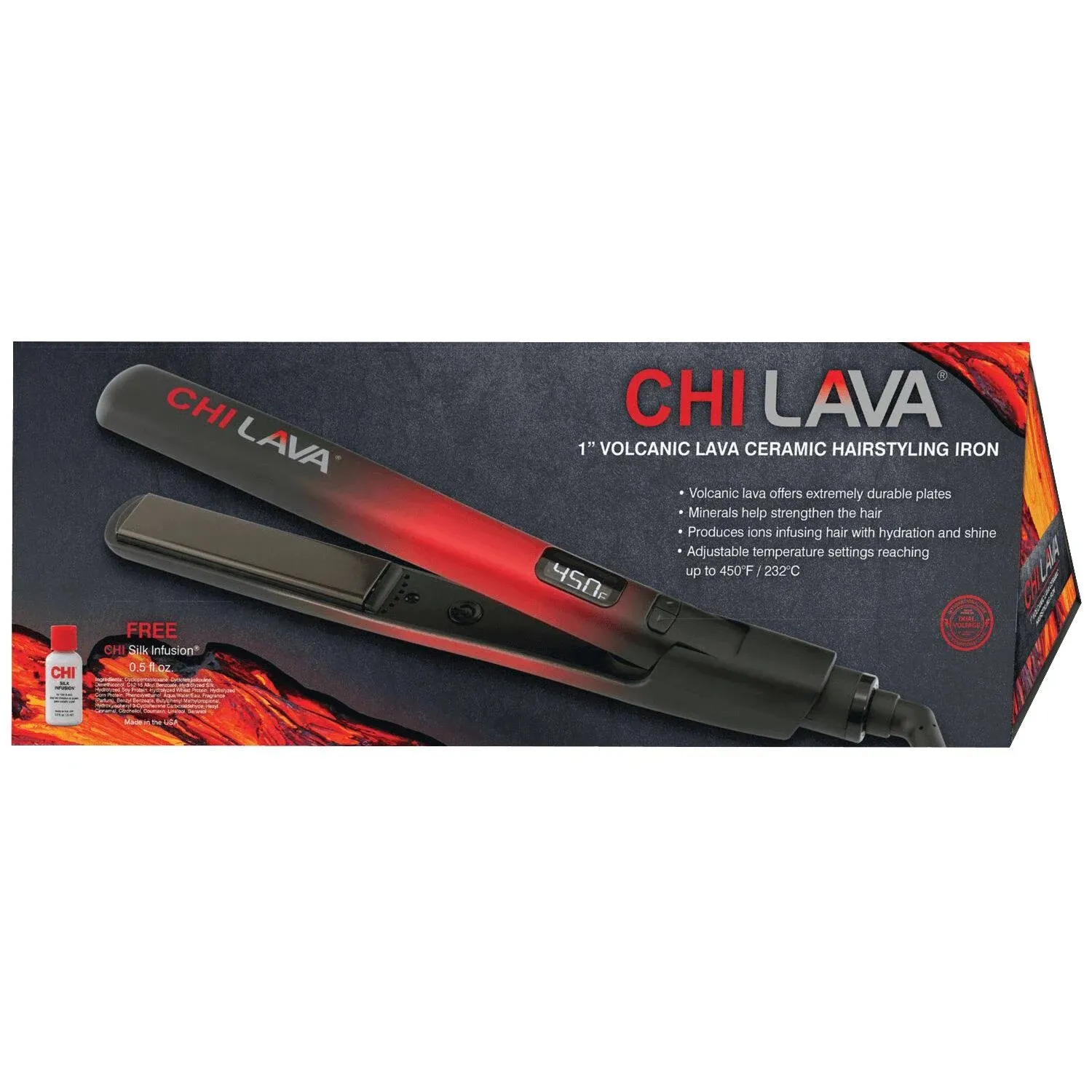 Chi Lava 1" Volcanic Ceramic Hair Styling Flat Iron, Black/Red