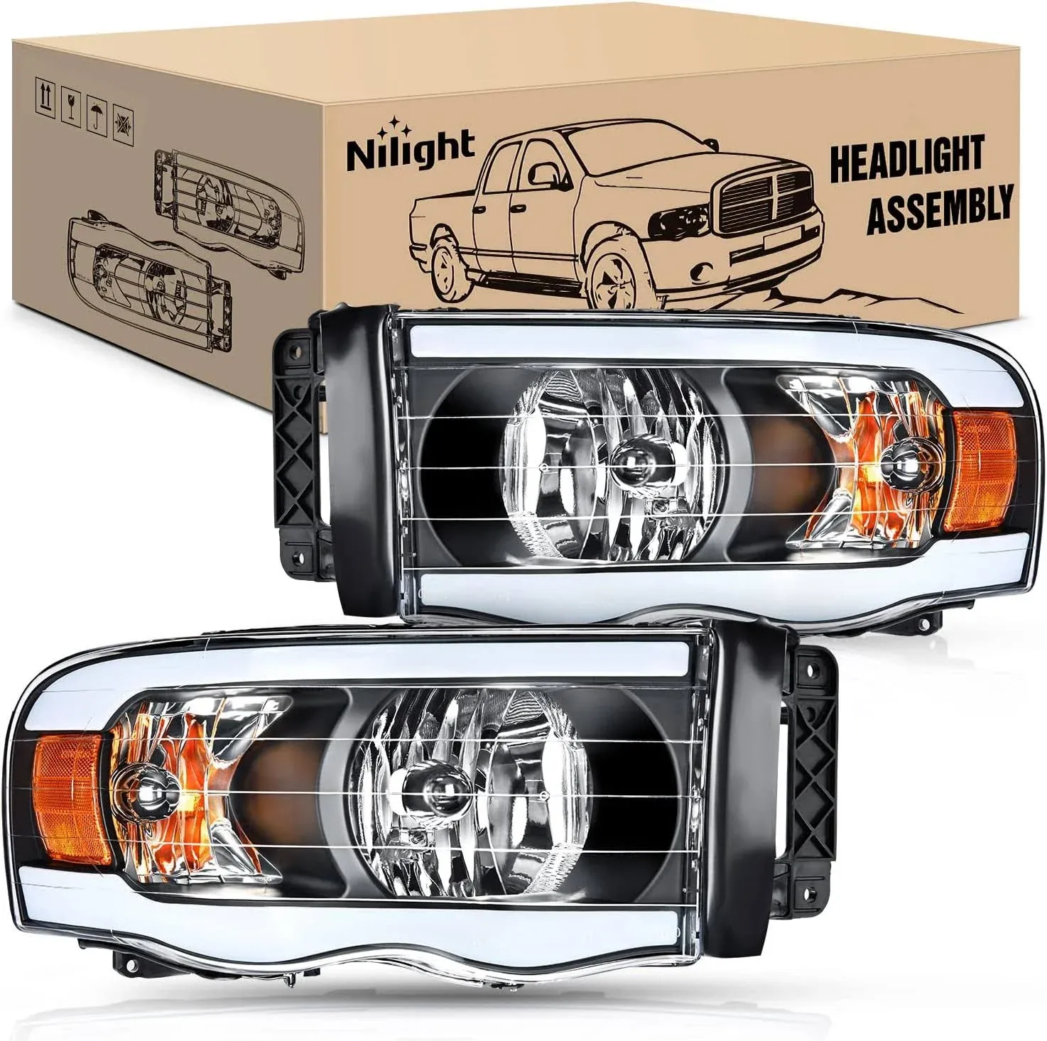 Nilight Headlights Assembly Led DRL for 2002-2005 Dodge Ram 1500/03 04 05 Dod...