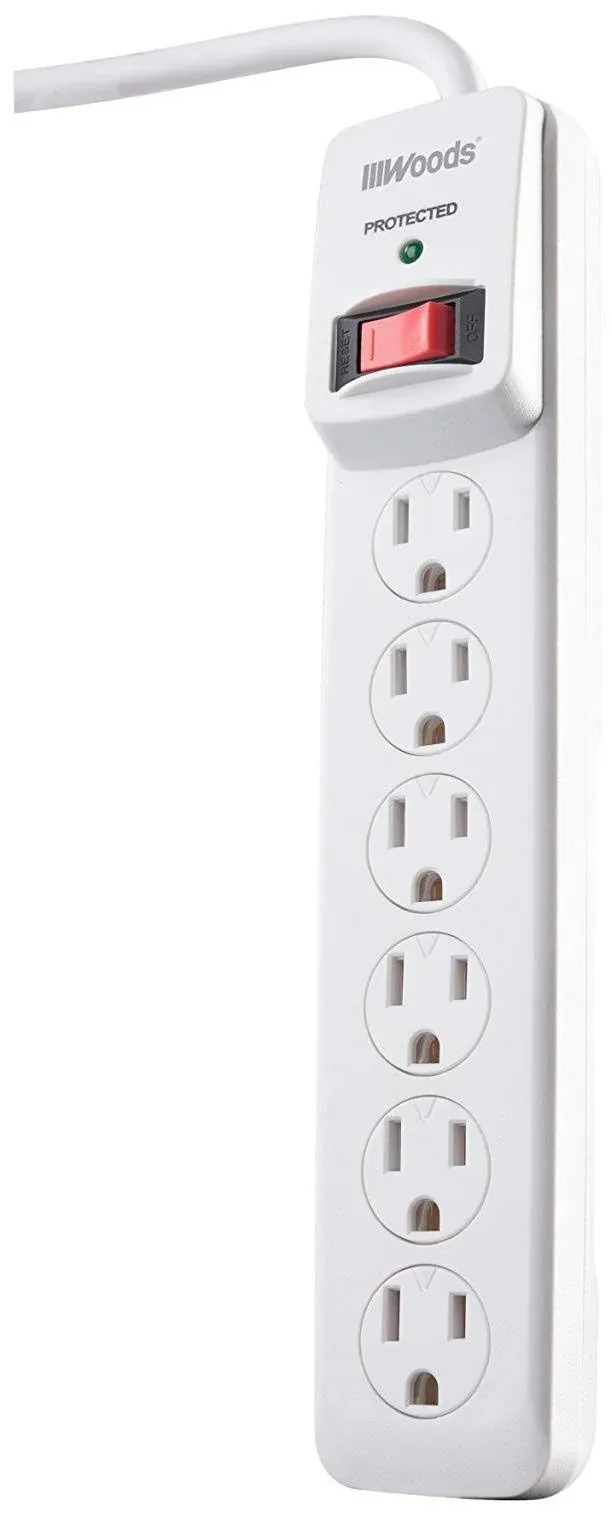 Woods 6-Outlet 900J White Plastic Surge Protector Strip with 3 Ft. Cord