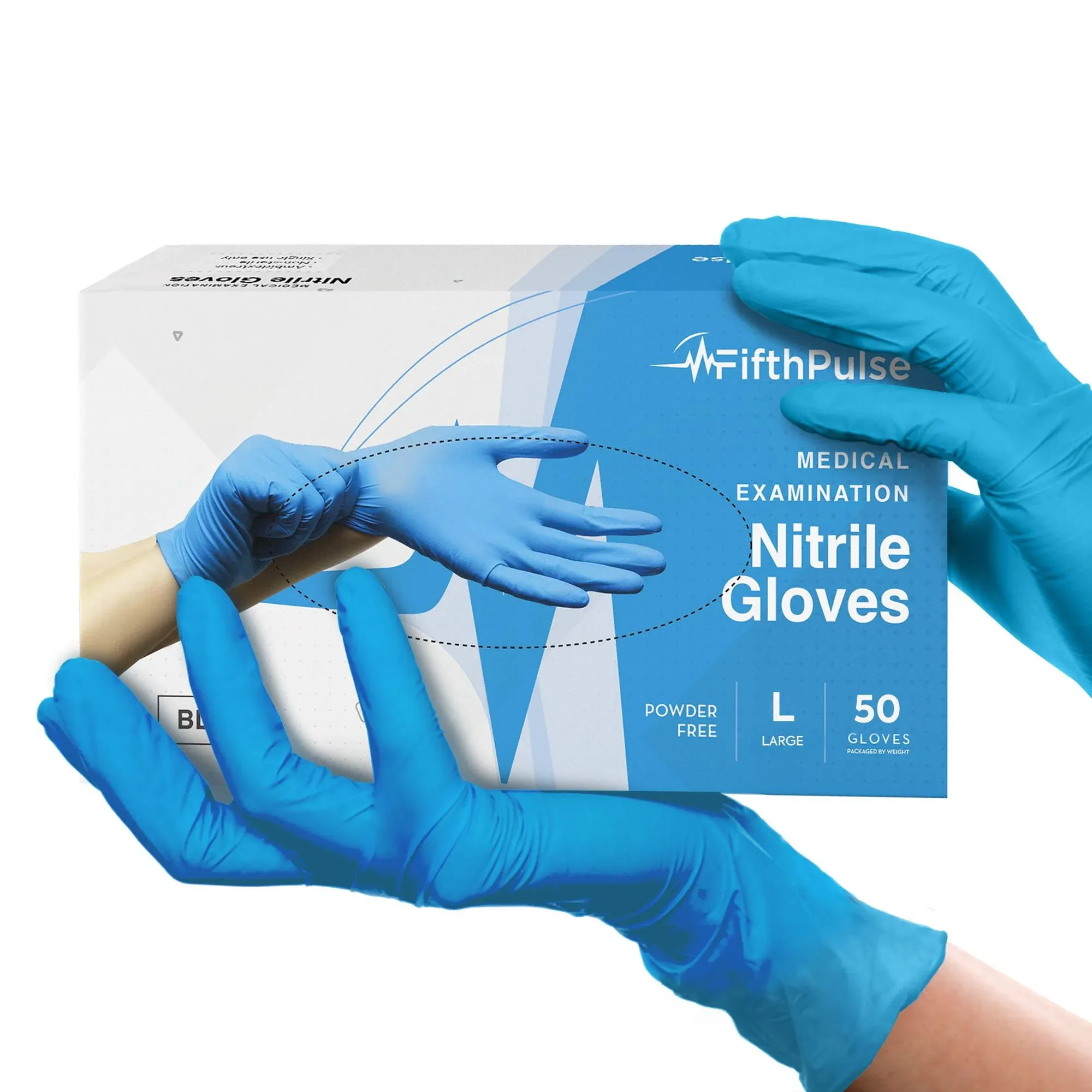 Fifth Pulse Powder Free Nitrile Exam Gloves, Latex Free, Large, Blue, 50 Gloves/Box (FMN100172)