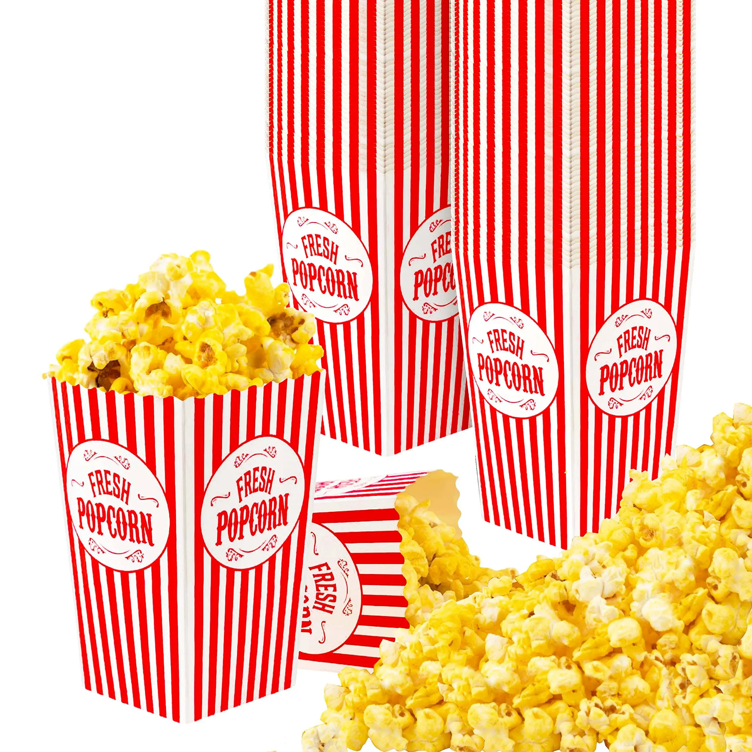 25 Pack Movie Theater Popcorn Boxes Disposable Red &amp; White Striped - 30 Oz Cap