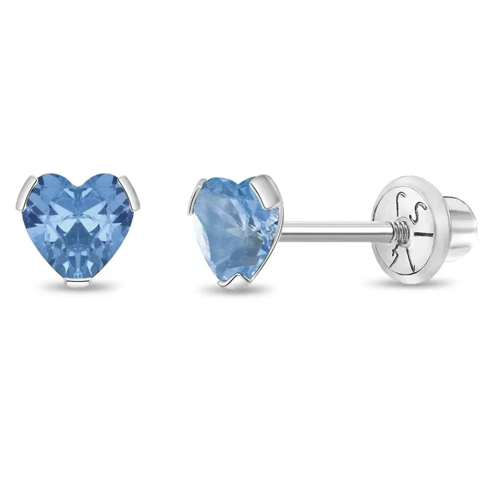 Delicate Simulated Aquamarine Heart Girls Earrings Screw Back - 14K White Gold ...