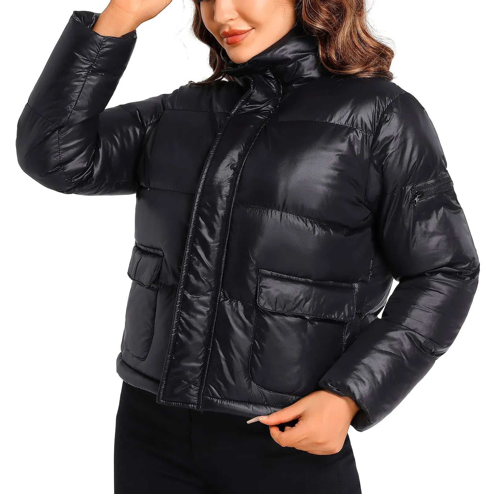 Women&#039;s Quilted Shiny Padded Windproof Puffer Jacket with Baggy Pockets Bubble C