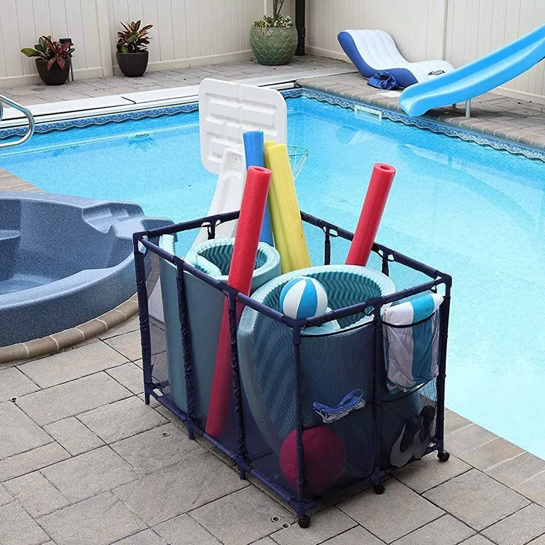 Essentially Yours Pool Noodles Holder, Toys, Floats, Balls and Floats Equipment Mesh Rolling Storage Organizer Bin, Extra-Large, (47.2" W x 30.2" L x 34" H), Blue Style 455119