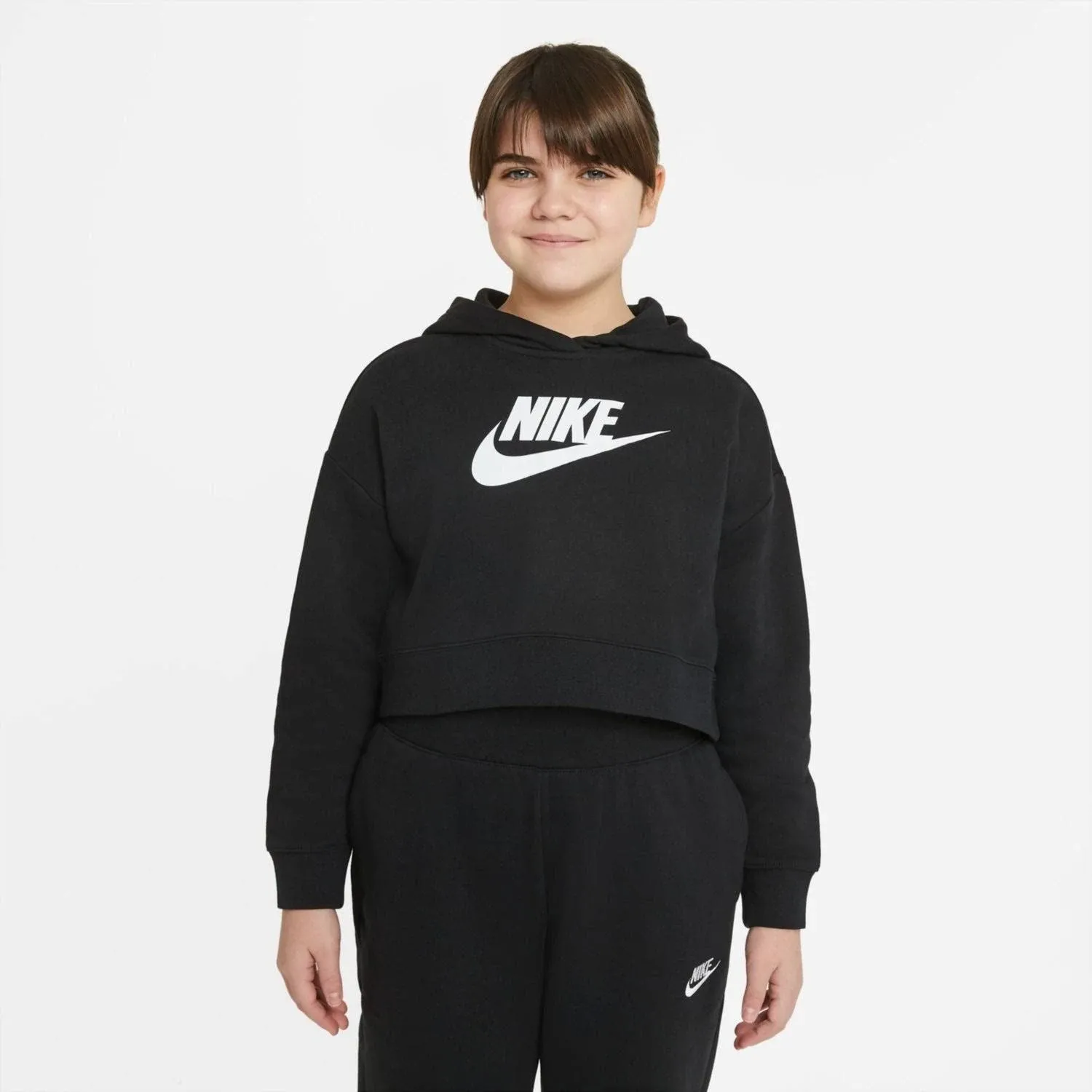 Nike Sportswear Club French Terry Cropped Hoodie - Girls' Black / White M