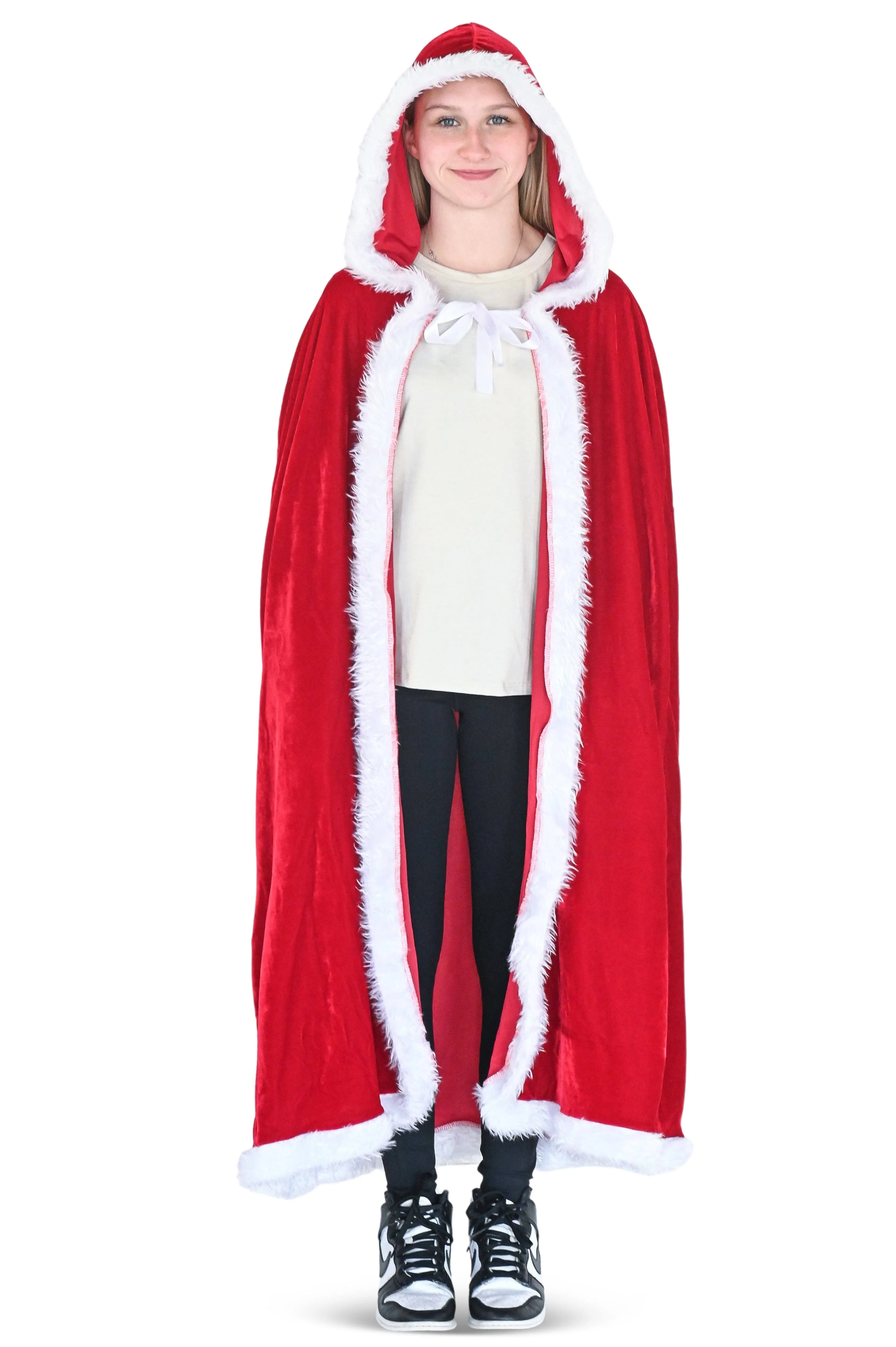 Skeleteen Red Velvet Santa Cape - Long Velour Hooded Cloak with White Fur Trimming Christmas Holiday Santa Claus and Mrs Claus Costume Robe with Hood - For Adults and Kids