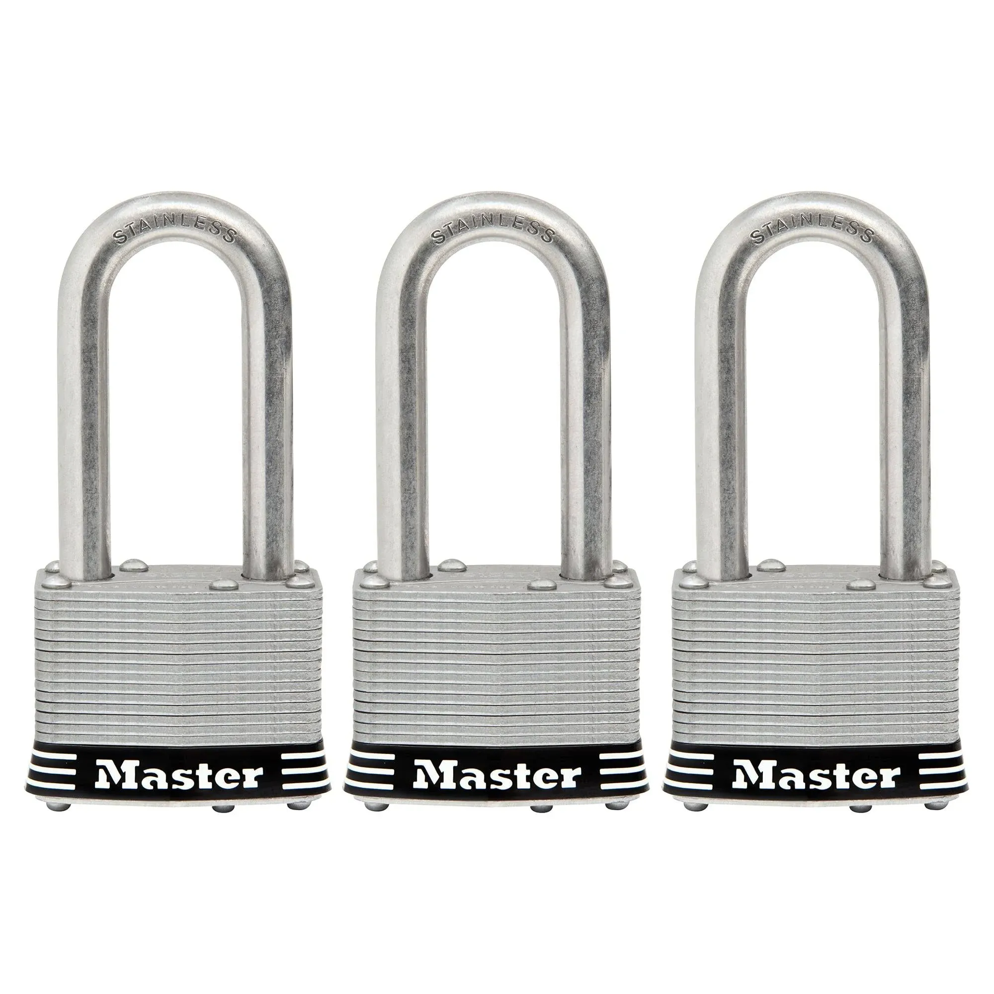 Master Lock 1SSTRI 1-3/4in (44mm) Wide Laminated Stainless Steel Padlock with 2in (51mm) Shackle; 3 Pack