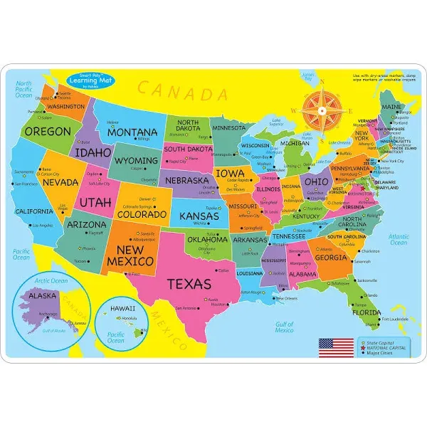 Ashley Productions Smart Poly Learning Mats, 12" x 17", Double-Sided, U.S. Basic Map, Pack of 10