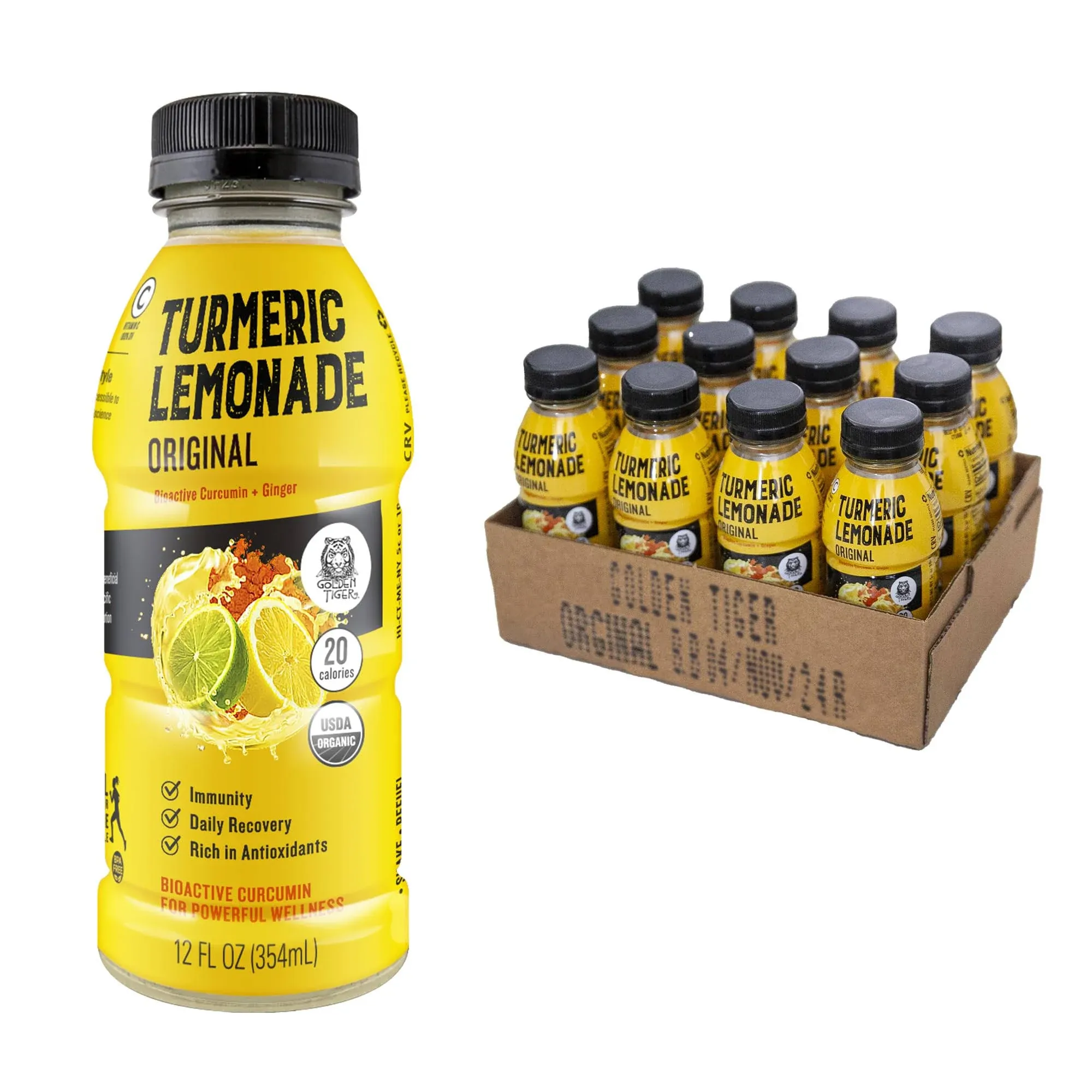 Organic Golden Tiger Turmeric Lemonade - Bio Active Curcumin + Ginger - 12 Bottles - Recover with Plant Based Power - Caffeine Free - 20 Calories