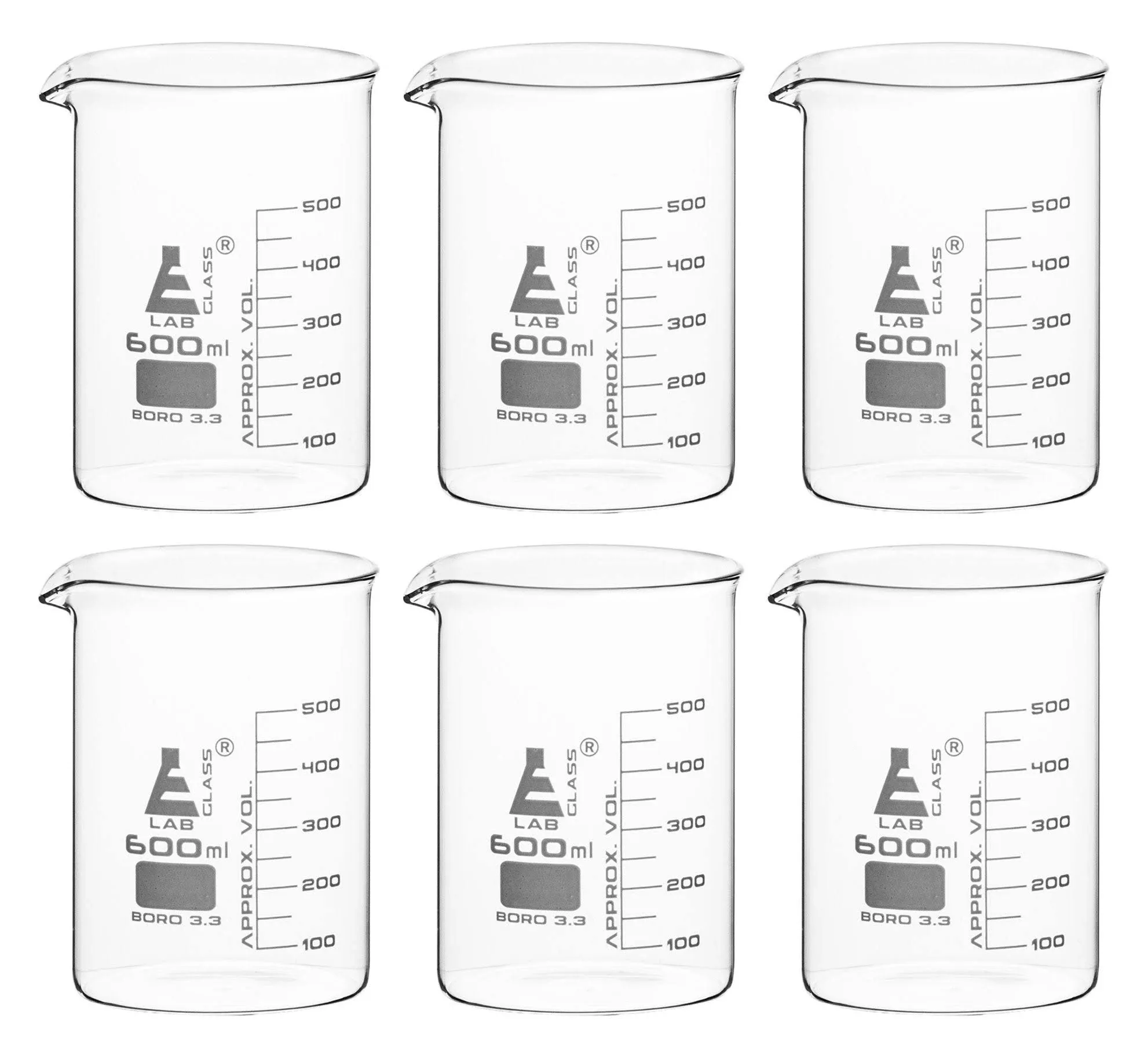 Eisco Labs 600ml Beaker, Borosilicate Glass, 50mL graduation Low form - 6 Pack