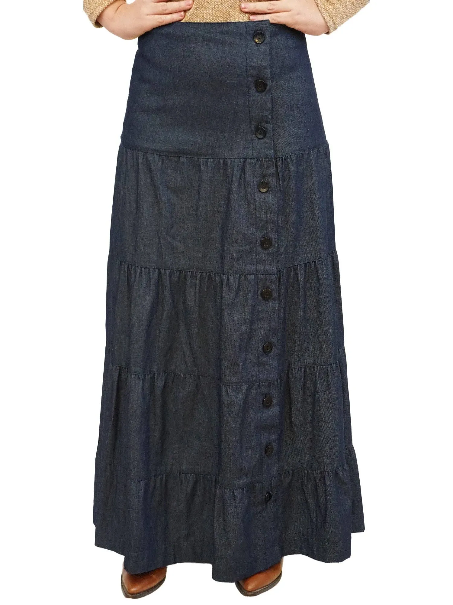 Women's Button Front Long Ankle Length Tiered Denim Prairie Skirt Denim Indigo ...