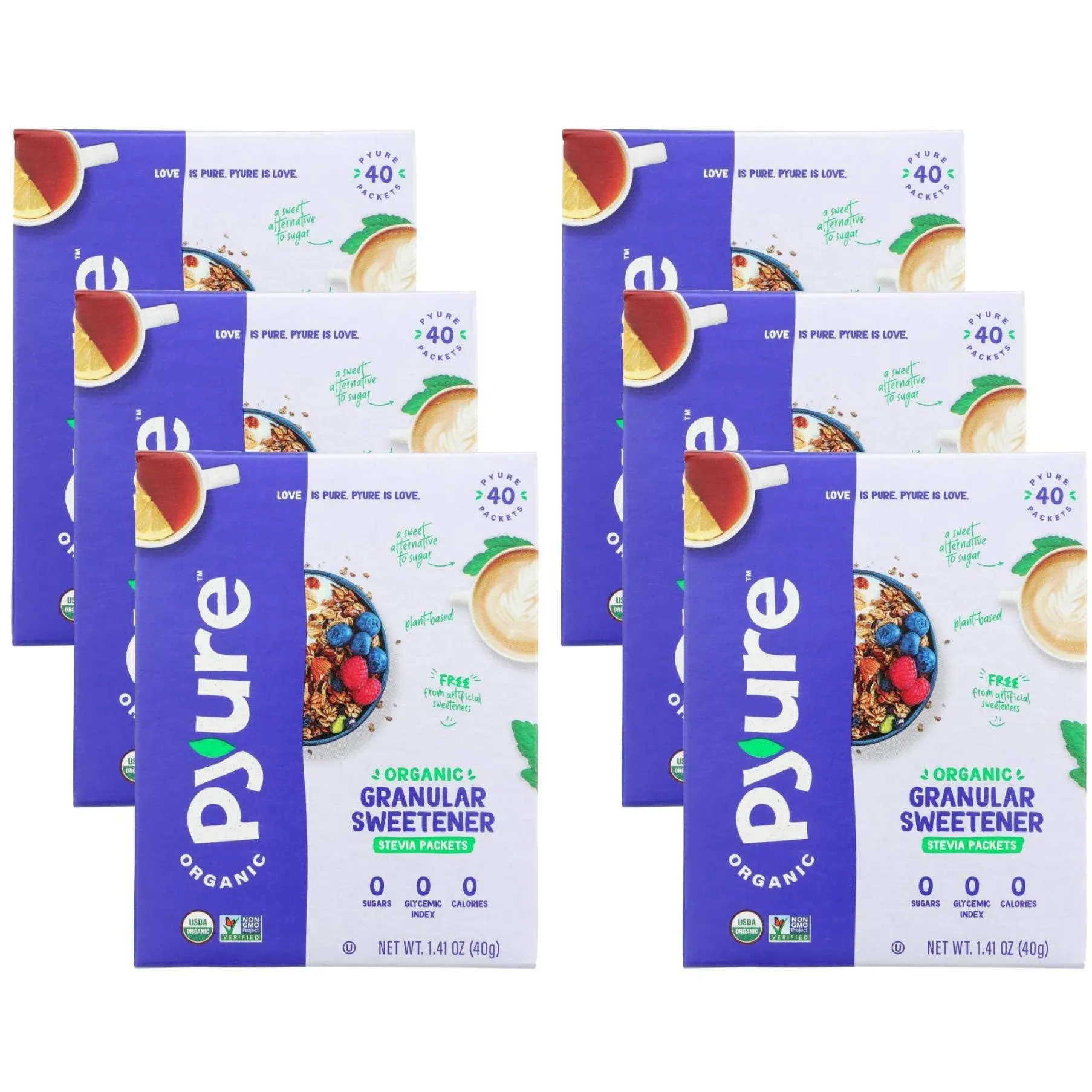 Pyure Organic Stevia Packets | Granulated Sugar Packets - White Sugar Substitute | Zero Carb, Zero Sugar, Zero Calorie Sweetener Packets | Plant-Based Stevia Packets for Keto Coffee | 40 Count