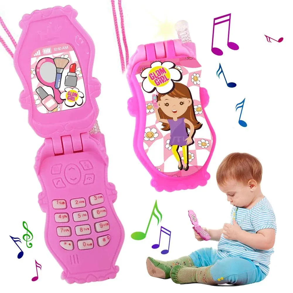 Pretend Play Flip Cell Phones for Kids, Toddlers - 6 Pack, Cellphone Toy with Songs, Ringtones, Funny Messages and LEDs, Birthday Party Favors and Gifts for Girls - Pink and White