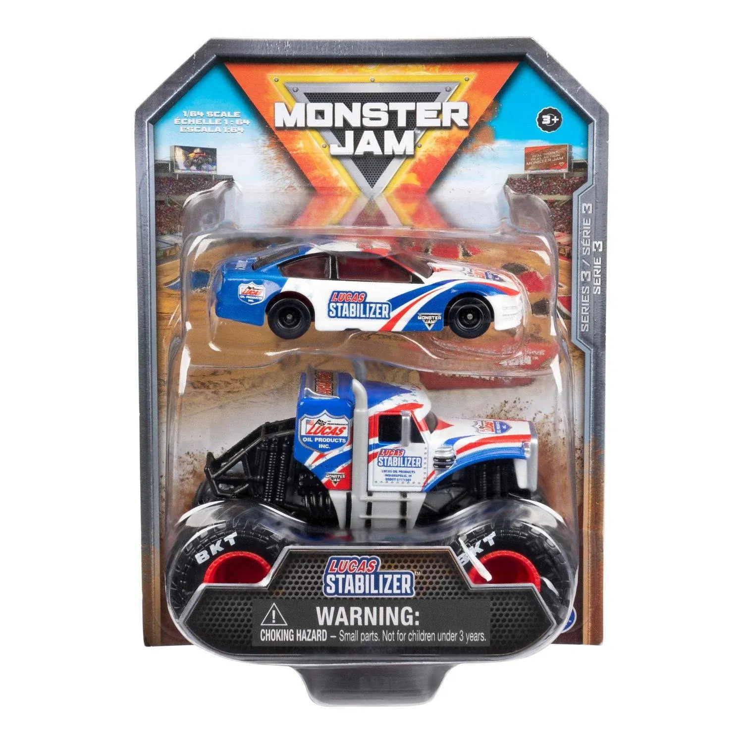 SPIN MASTER MONSTER JAM LUCAS STABILIZER W RACE CAR NEW FREE SHIPPING BENT CARD