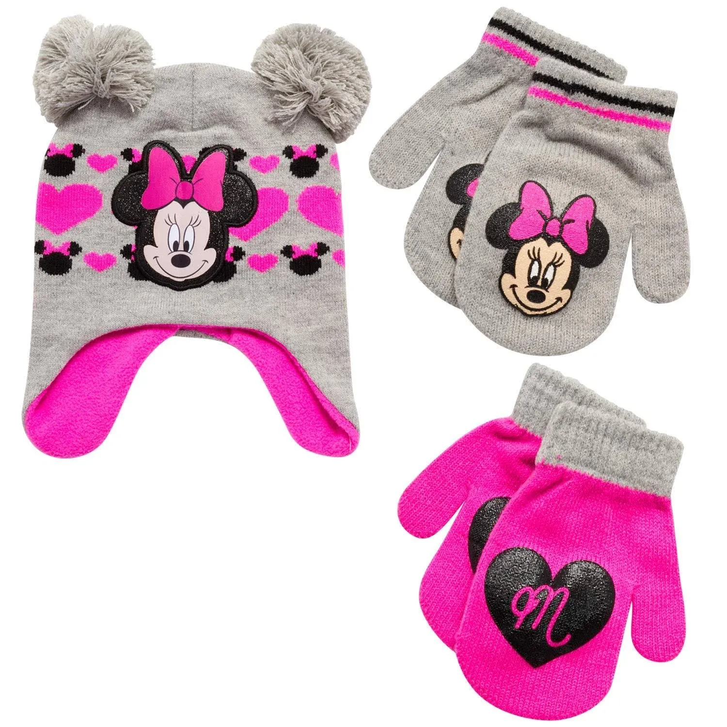 Disney Minnie Mouse Winter Hat &amp; 2 Pair Mitten or Glove Set, Girls Ages 2-7