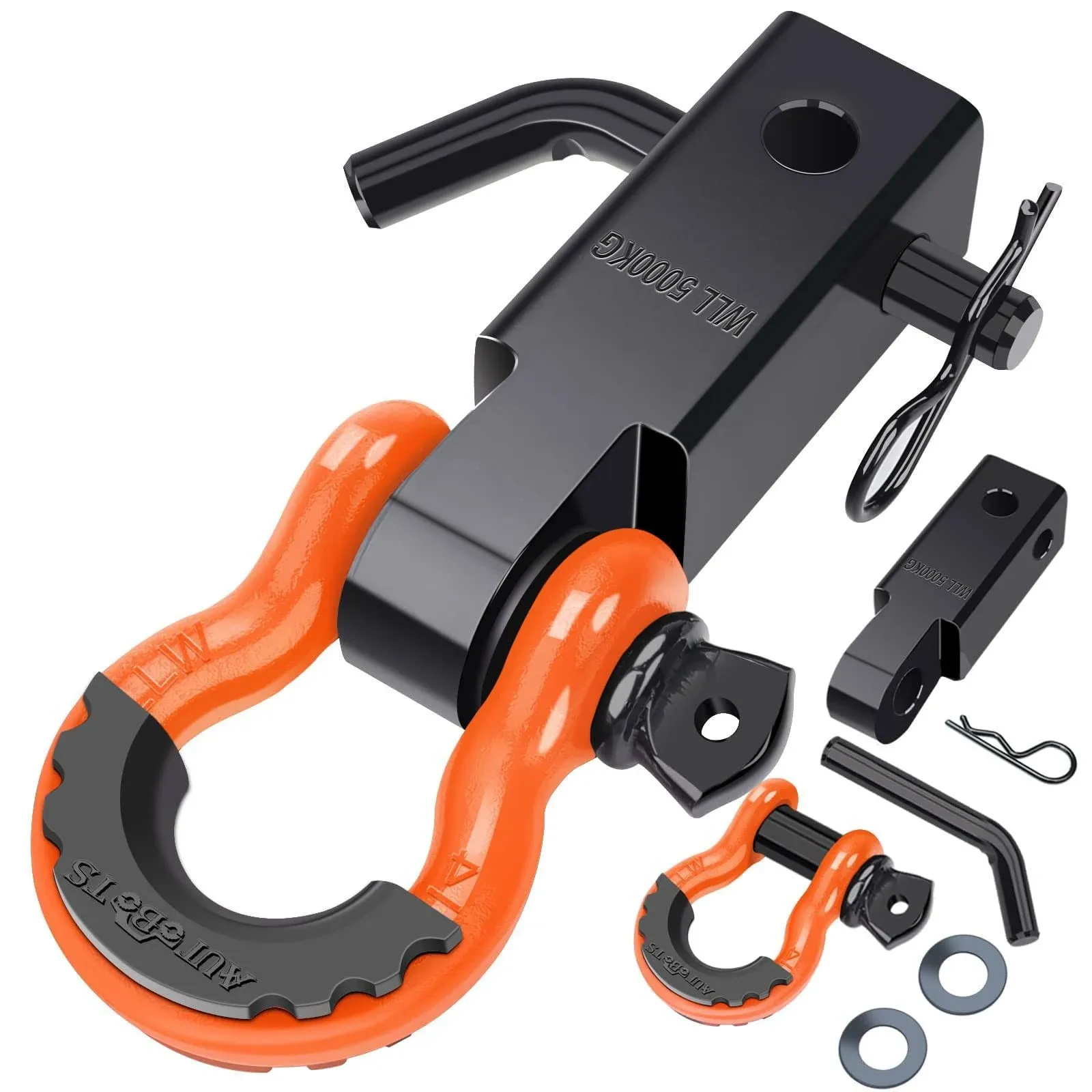 AUTOBOTS Shackle Hitch Receiver 2", 45,000 Lbs Break Strength Heavy Duty Receiver with 5/8" Screw Pin, 3/4" D Ring Shackles, Towing Accessories for Vehicle Recovery Off-Road, Orange&Black