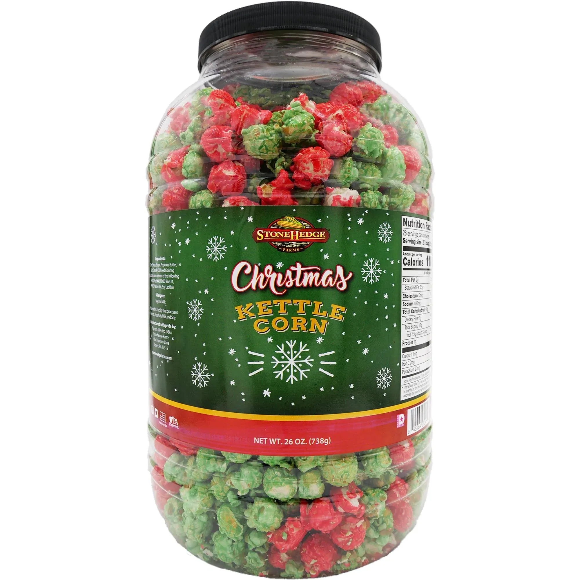 Stonehedge Farms Gourmet Christmas Kettle Corn - 26 Ounce Barrel - Deliciously Old Fashioned - Red  and Green Popcorn