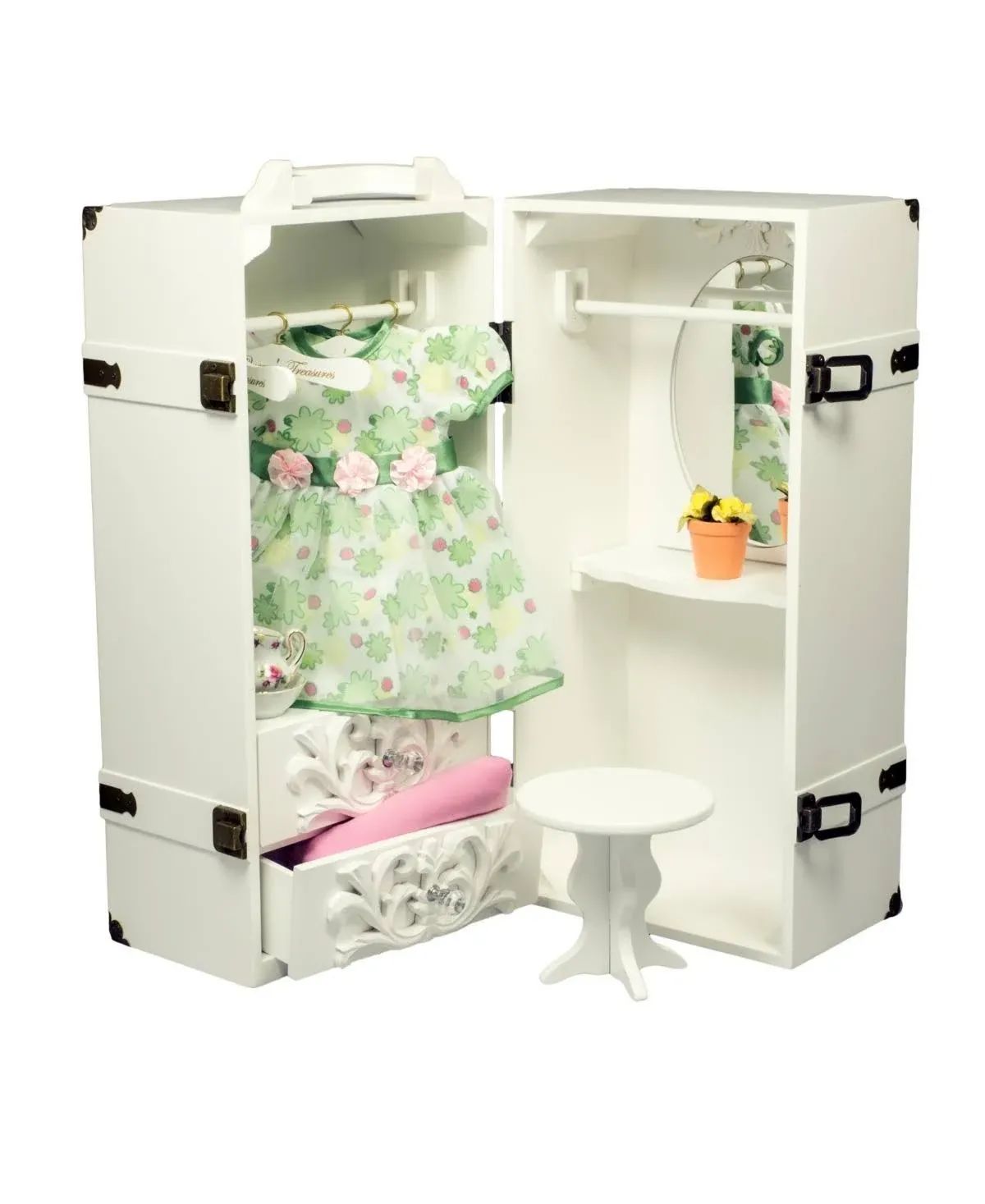 THE QUEEN'S TREASURES 18 Inch Doll Clothes Storage Case Furniture, Fully Assembled White Wooden Trunk Includes Vanity, Stool, Hangers, Compatible for Use with American Girl Dolls, Clothes & Shoes