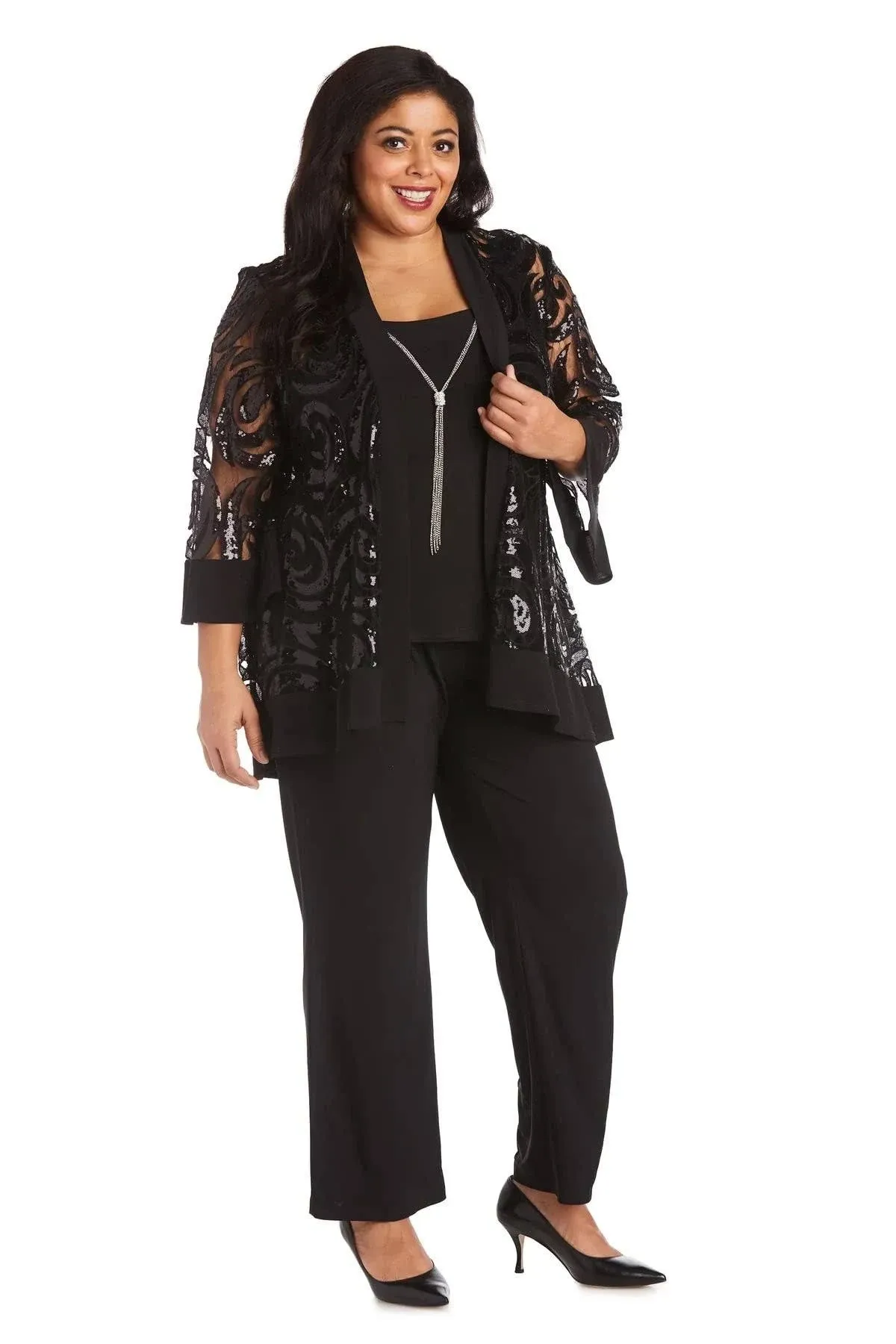 R&M Richards Womens 2 Piece Sequin Jacket Pantsuit