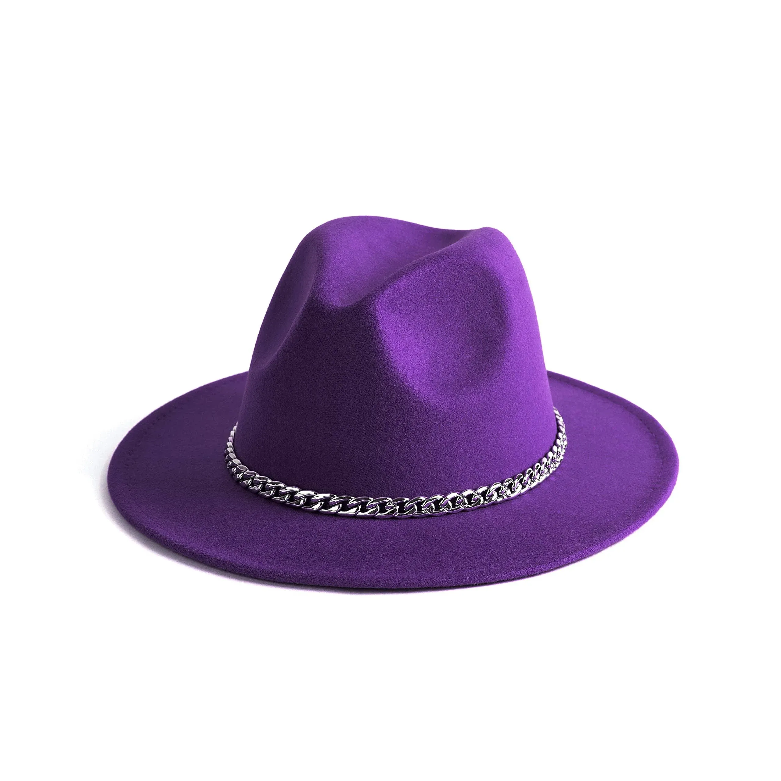 Gossifan Classic Wide Brim Fedora Hat with Chain Belt Buckle -Purple