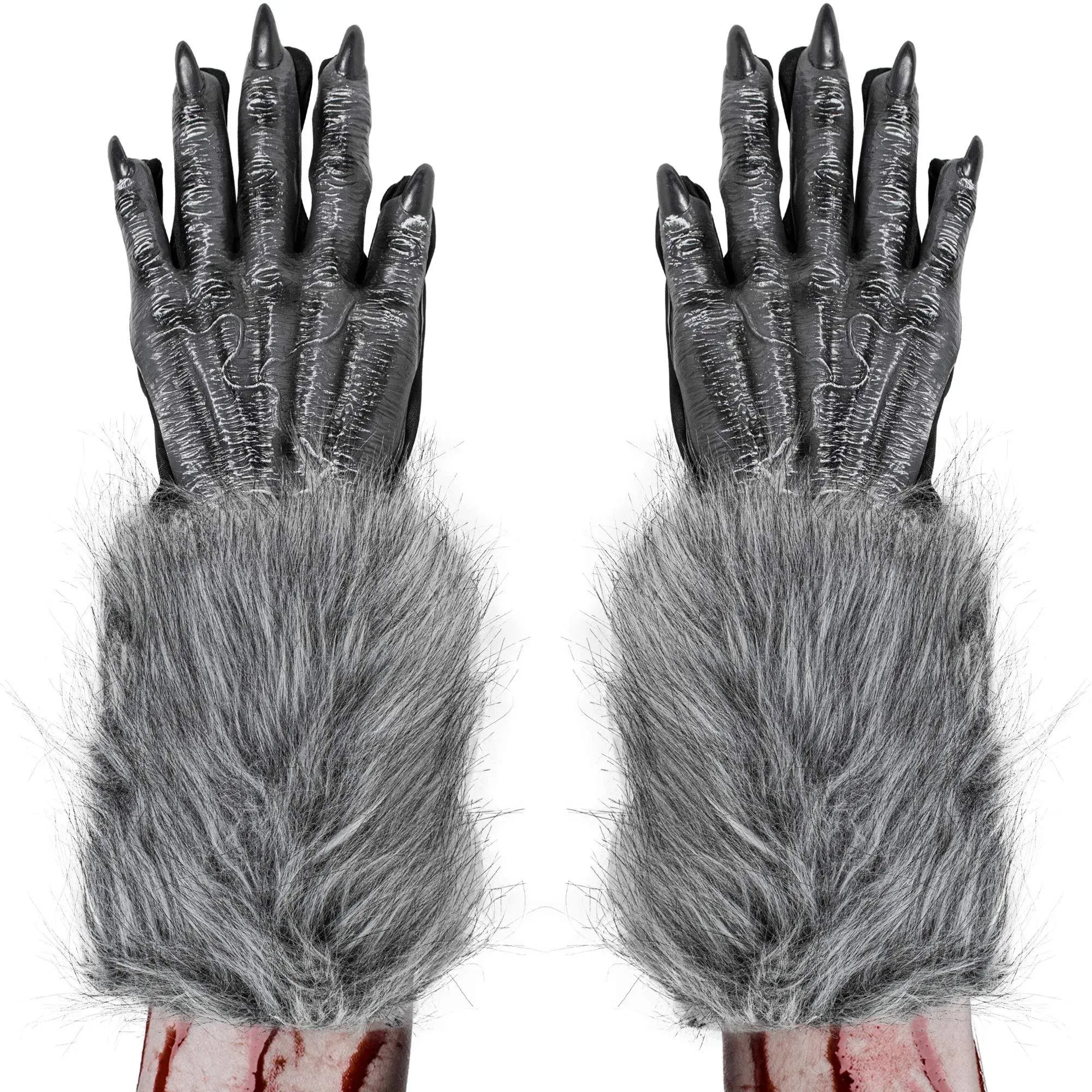 Skeleteen Werewolf Hand Costume Gloves - Grey Hairy Wolf Claw Hands Paws Monster Costume Accessories for Kids and Adults