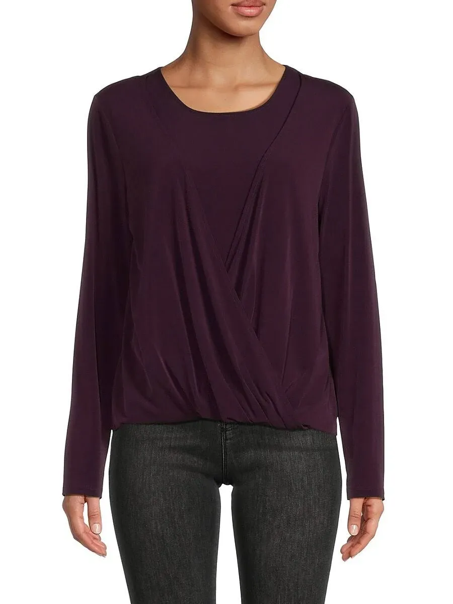 Calvin Klein Women's Long-Sleeve Faux-Wrap Top - Aubergine - Size S