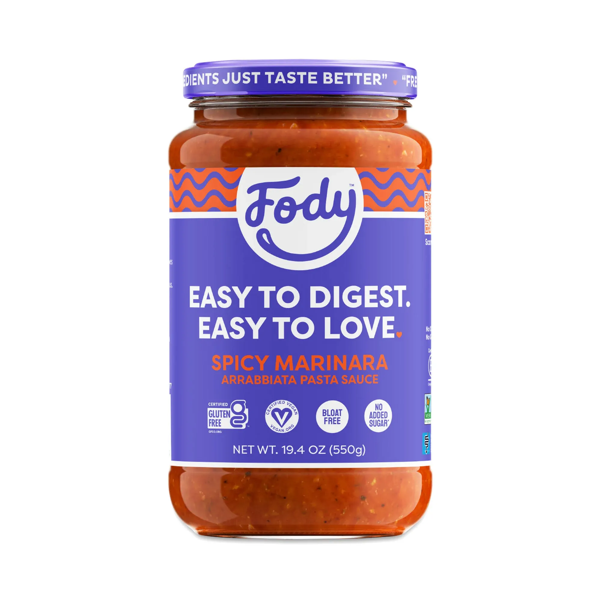 Fody Foods Spicy Marinara Arrabbiata Pasta Sauce, 19.4 Ounces, Low Fodmap Certified, Sensitive Recipe & Gut Friendly, Premium Quality Ingredients, Non-GMO, Pack of 1, Packaging May Vary