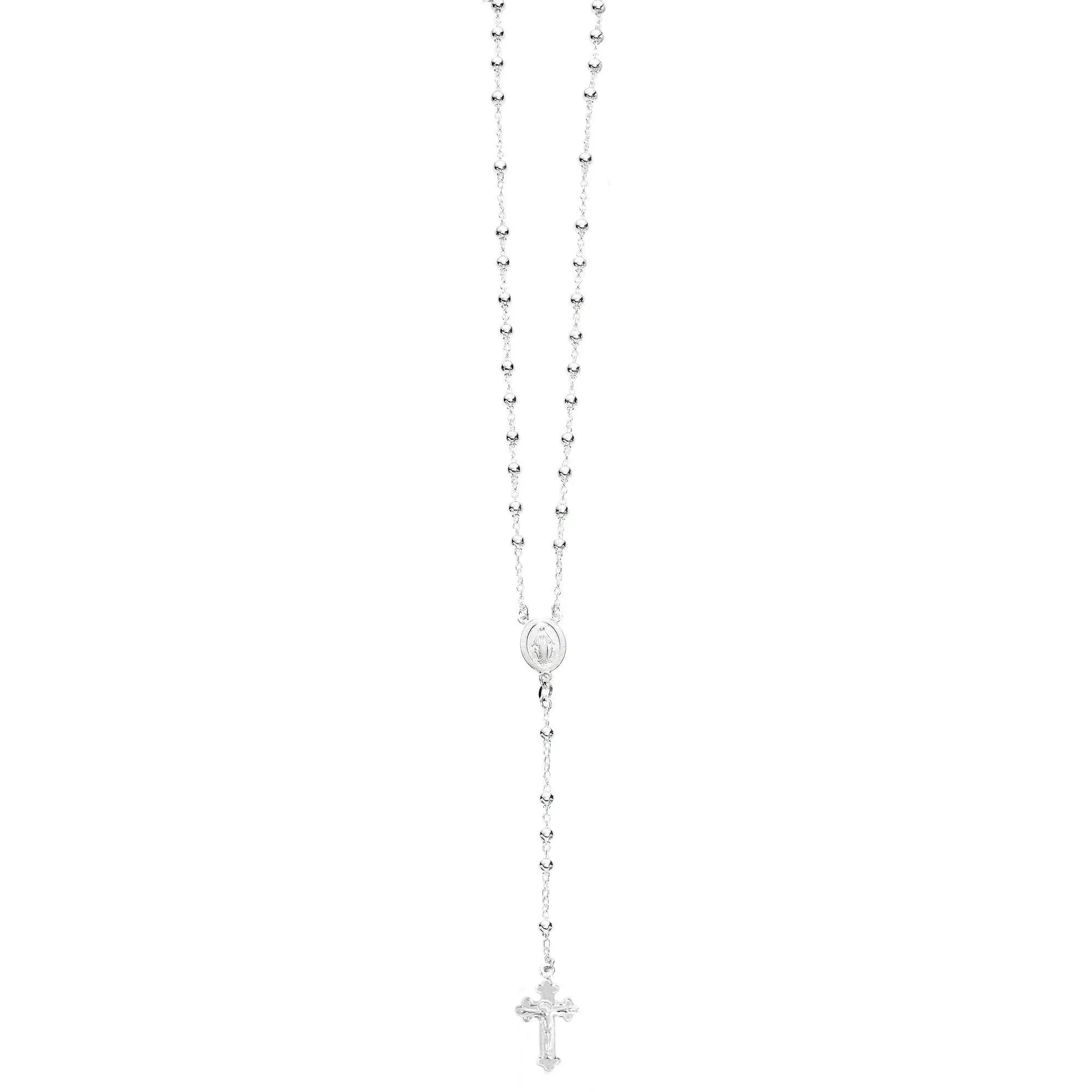 Sterling Silver or Gold-tone 3mm Rosary Bead Necklace Virgin Mary Cross