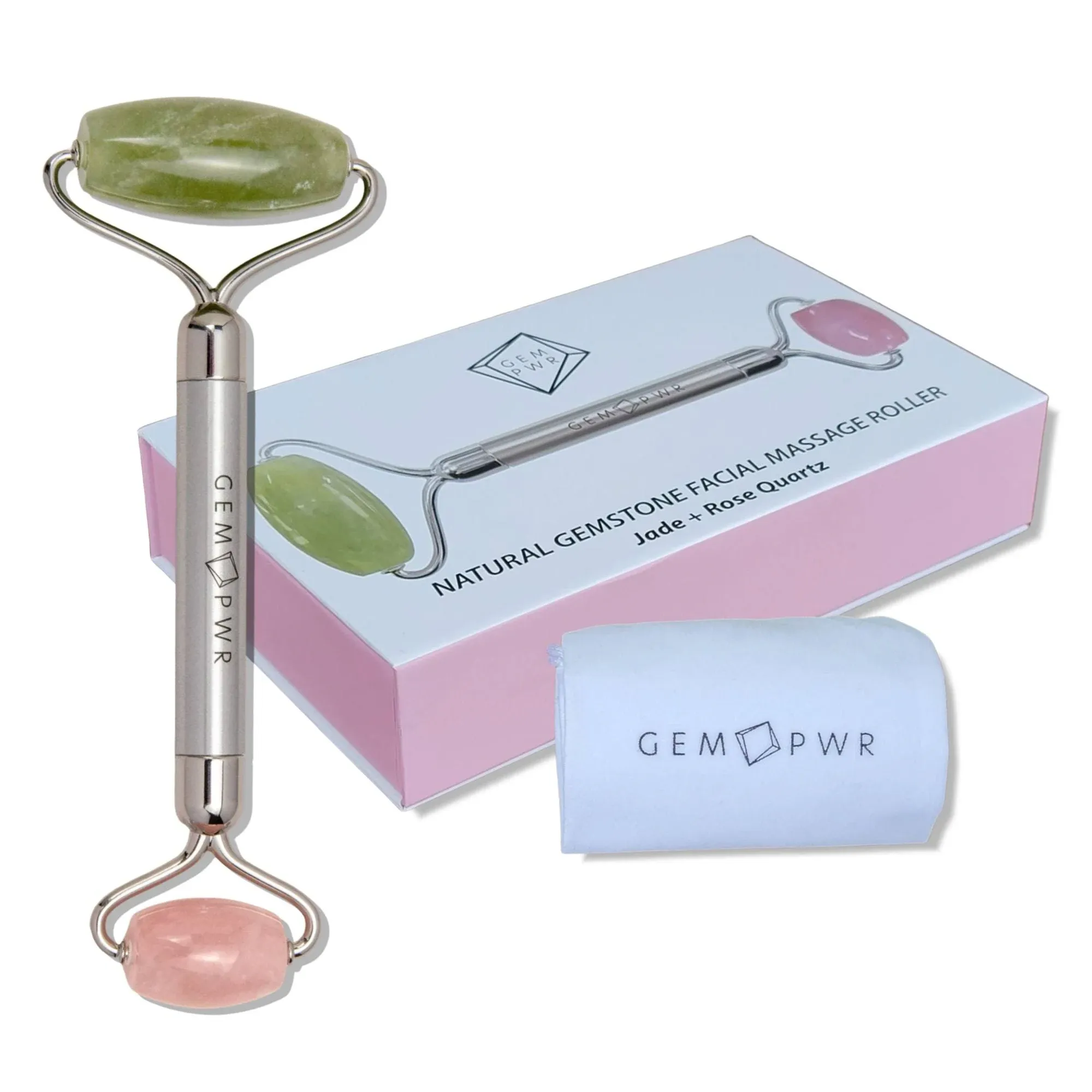 Gem PWR Rose Quartz + Jade Roller for Face and Neck Massage, Dual Gemstones with Durable Steel Handle and Travel Bag. Minimize Wrinkles, Reduce