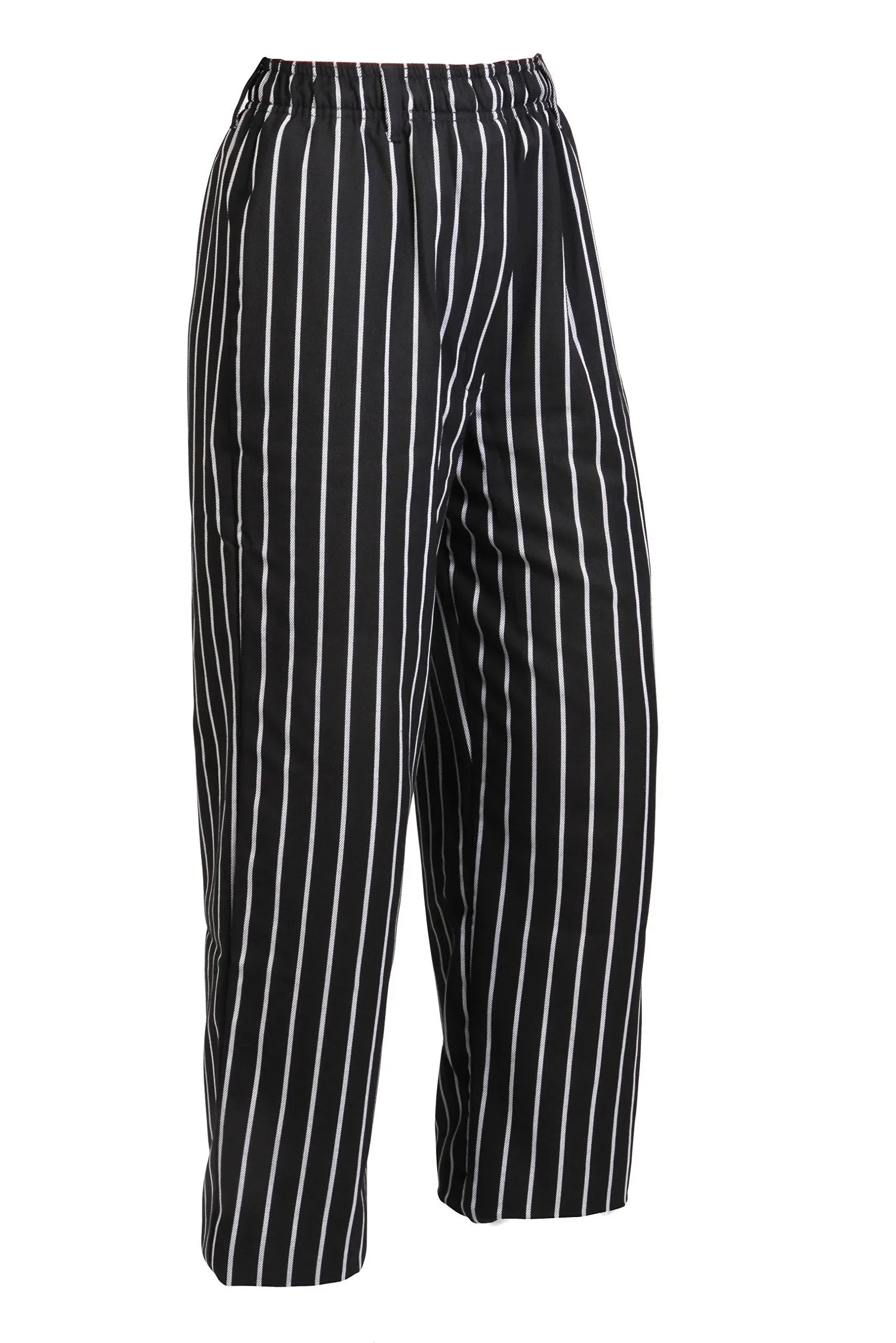 Mercer Culinary Medium Millennia Unisex Black Cook Pants with White Chalk Stripe