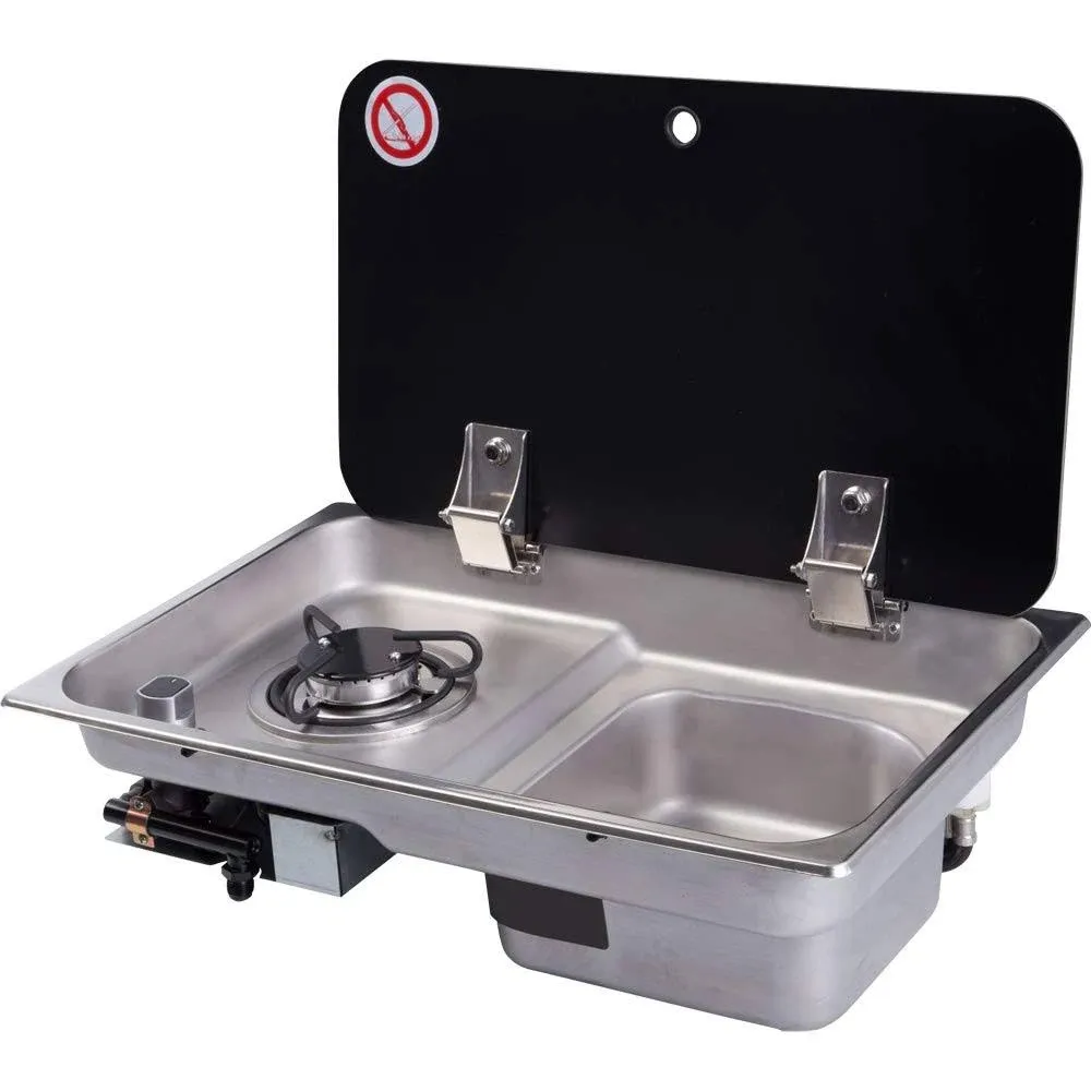 RV Gas Cooktop, 1 Burner Fire Adjustable Gas Stove Hob with Sink Combo and Glass Lid for Outdoor Kitchen Boat Caravan Camper (GR-903 Without Faucet)