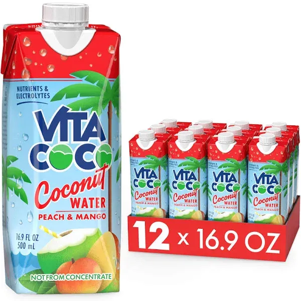 Vita Coco Coconut Water, Peach & Mango - Naturally Hydrating Electrolyte Drink - Smart Alternative to Coffee, Soda, and Sports Drinks - Gluten Free - 16.9 Fl Oz (Pack of 12)