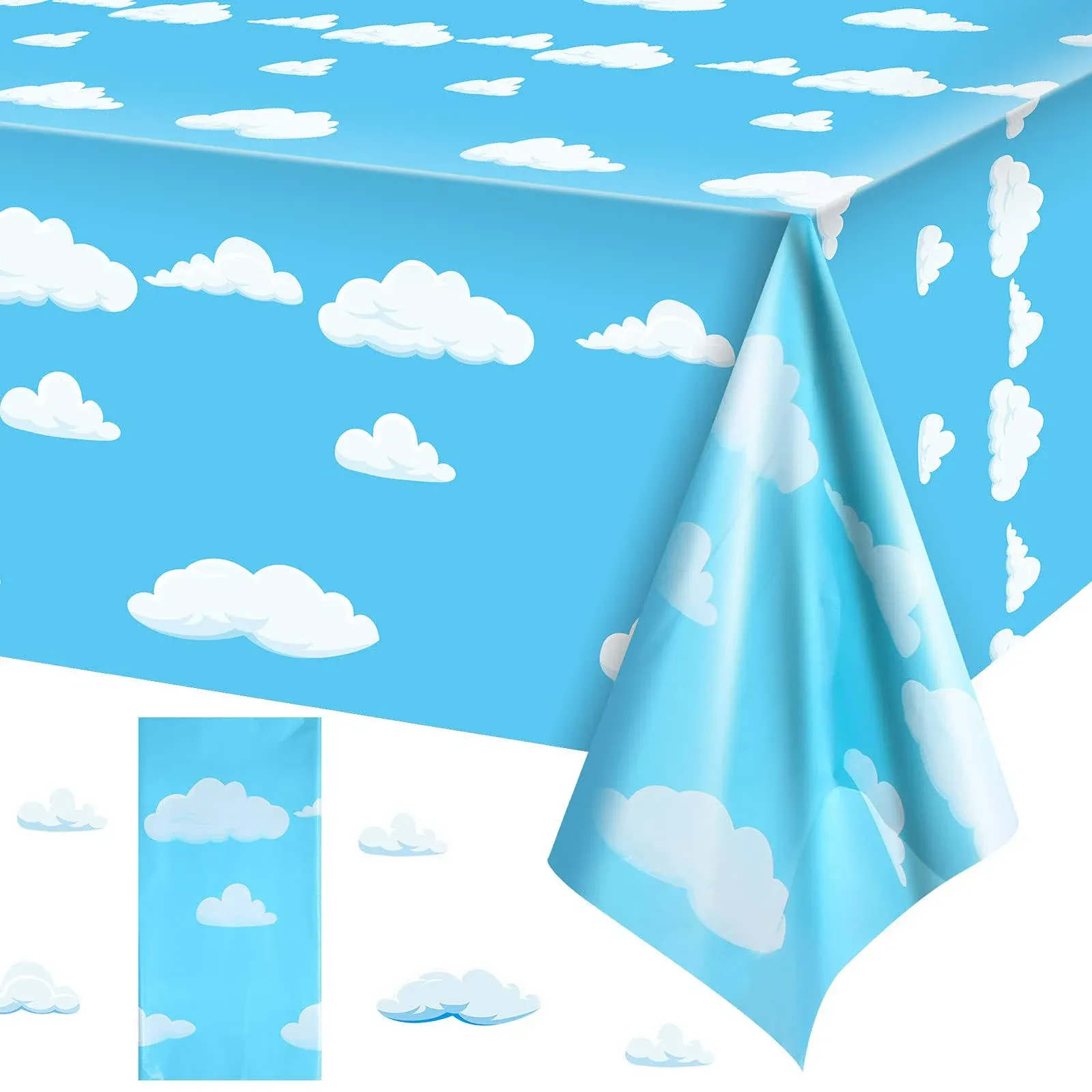 Blue Sky White Clouds Cartoon Story Tablecloth for Baby Kids Shower 54 x 108in