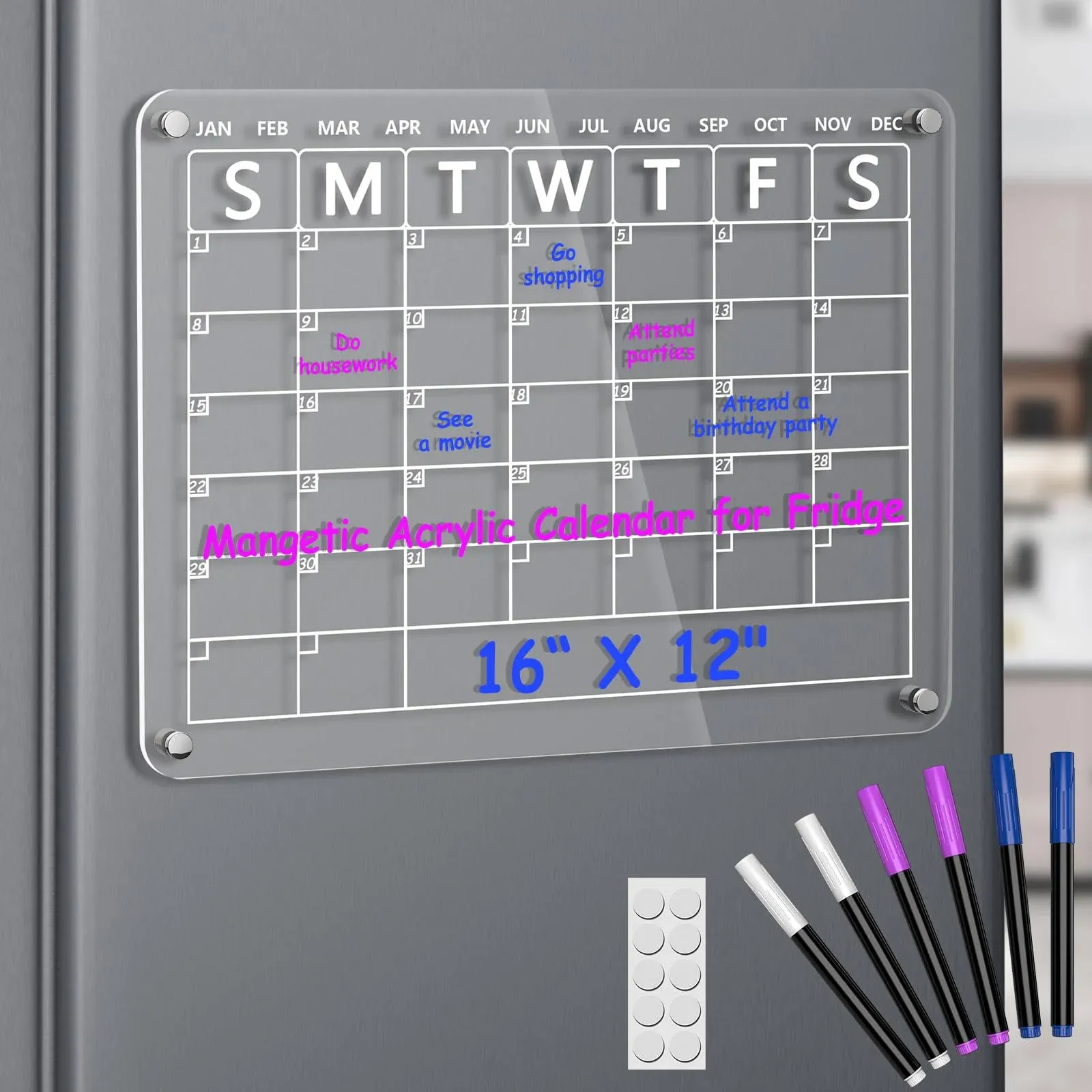 Acrylic Magnetic Dry Erase Board Calendar for Fridge 16&#034;X12&#034; Inches