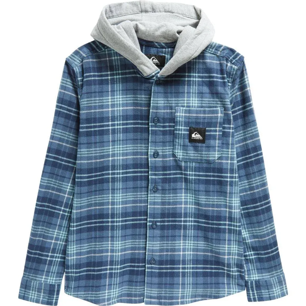 Quiksilver Kids' Haldon Plaid Long Sleeve Hooded Button-Up Shirt in Bering Sea