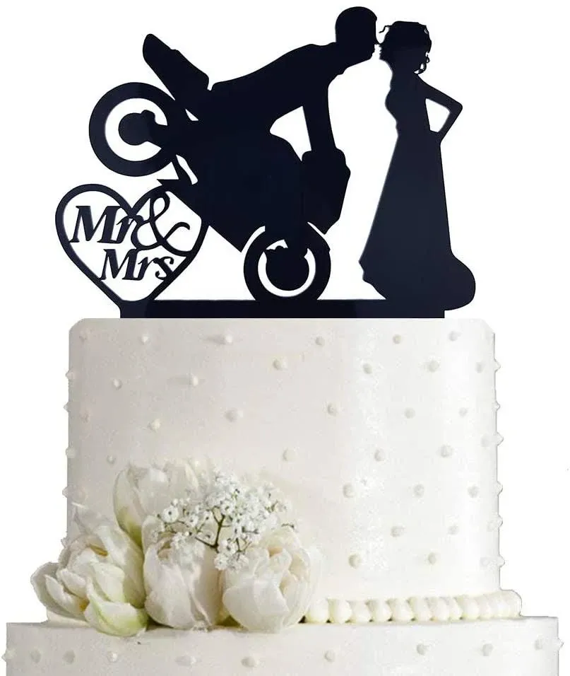 Motorcycle Wedding Cake Topper,Funny Mr & Mrs, Bride and Groom Wedding Party Decoration —Black