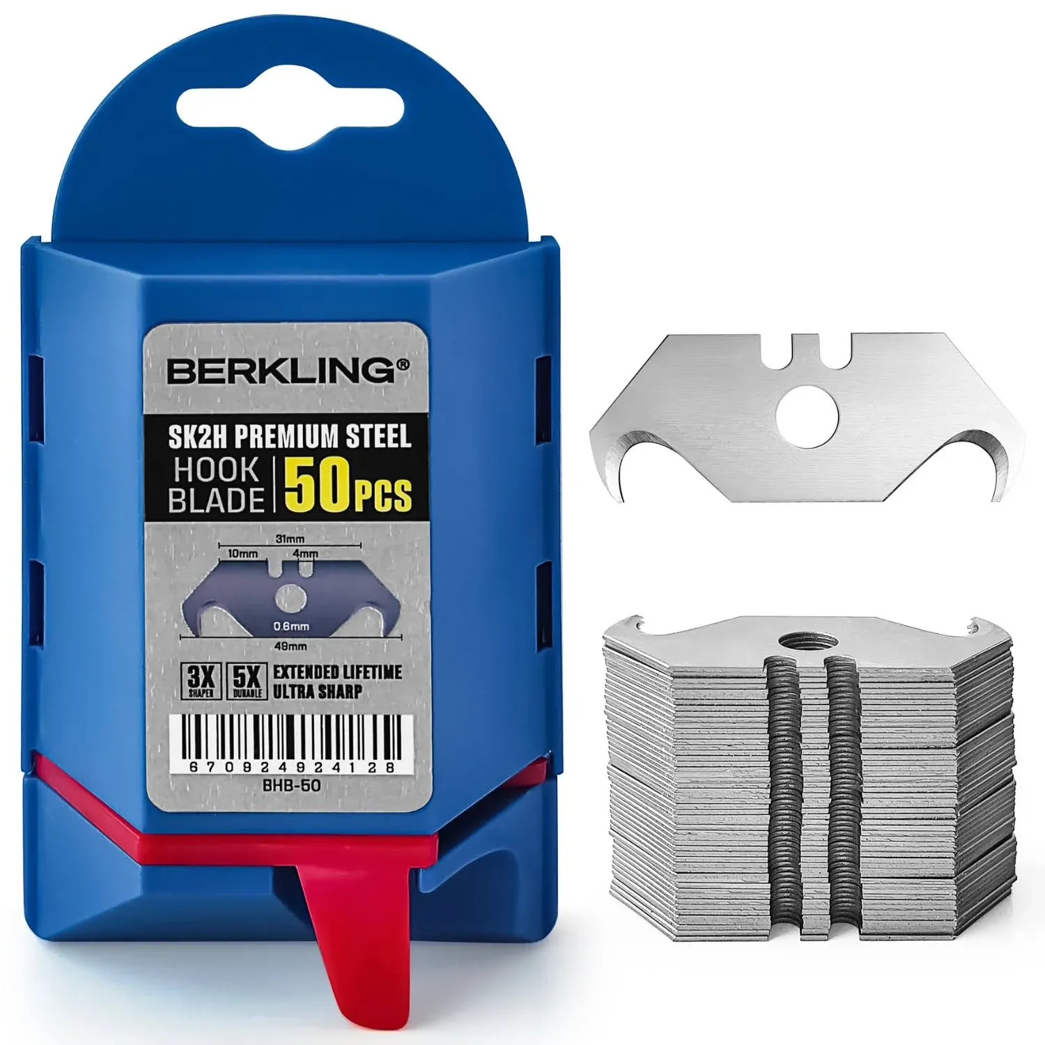 Berkling SK2H Hook Blade Utility Knife Blade 50-Pack With Dispenser, Ultra 3X Sharper and 5X More Durable, Compatible w/ Most Box &amp; Carpet Cutters