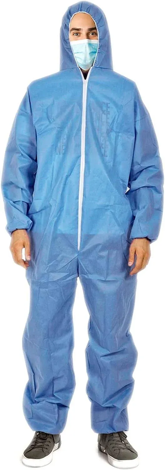 Blue SMS Chemical Protective Disposable Coverall Large /w Hood, Elastic Cuffs, Ankles, Waist