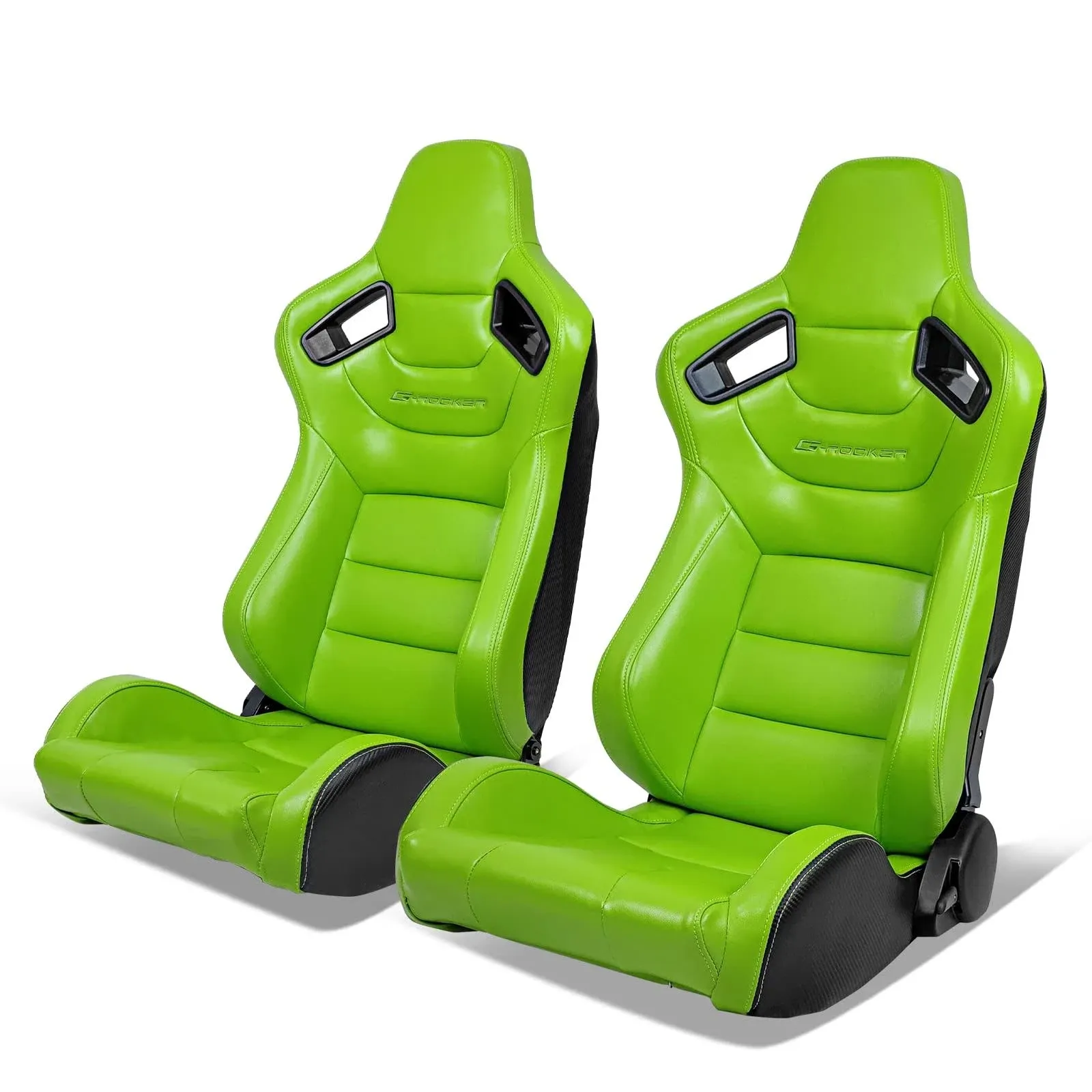 Reclinable Racing Seat + Dual Slider Pair LH RH Green PU &amp; Carbon Leather Back