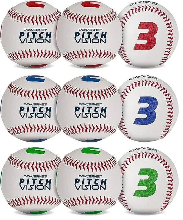 Powernet Pitch Vision Training Baseballs 3 or 9 Pack | 4 Numbered Sides | Multicolored 9 Pack