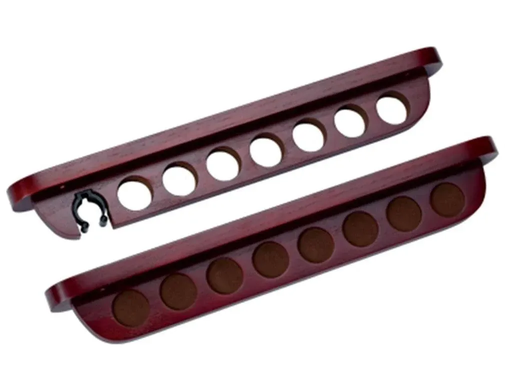 7 Pool Cue Stained Wood Wall Rack with Clip for Bridge Cue