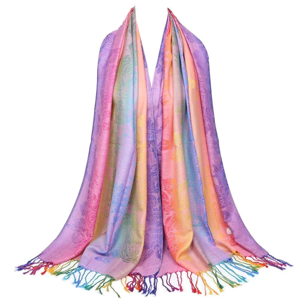 Neelamvar Colorful Flowers Jacquard Cotton Pashmina Women Wrap Shawl Tassels Scarves