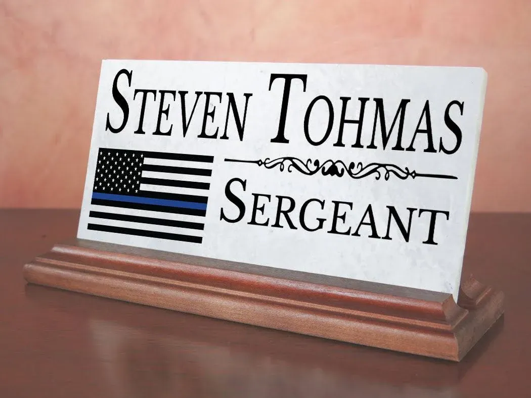 Law Enforcement Nameplate Gift - Solid Marble - Police Officer Thin Blue Line Custom Desk Name Plate