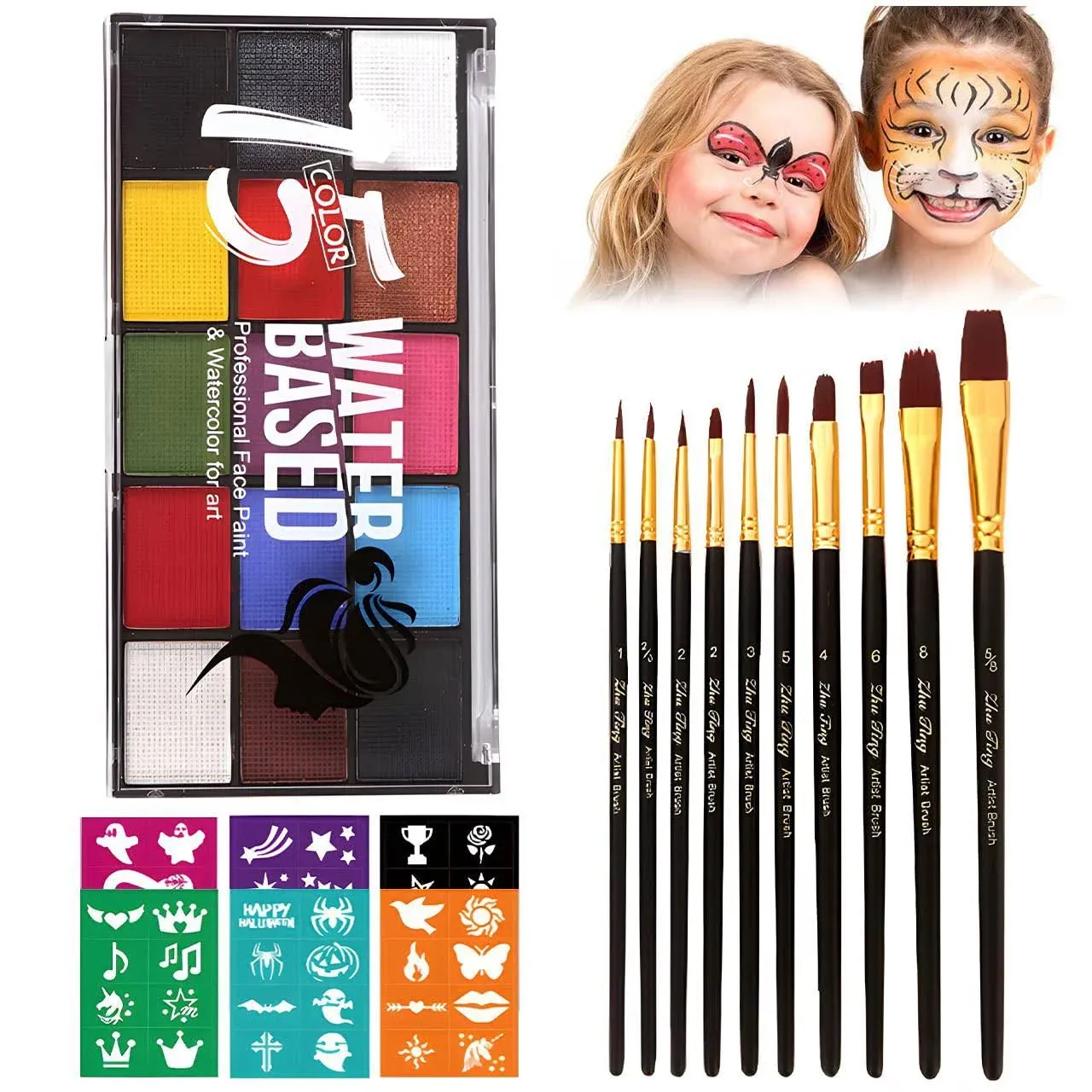 Face Painting Kit for Kids Adults, Water Activated Body #1 15 Color+Brushes