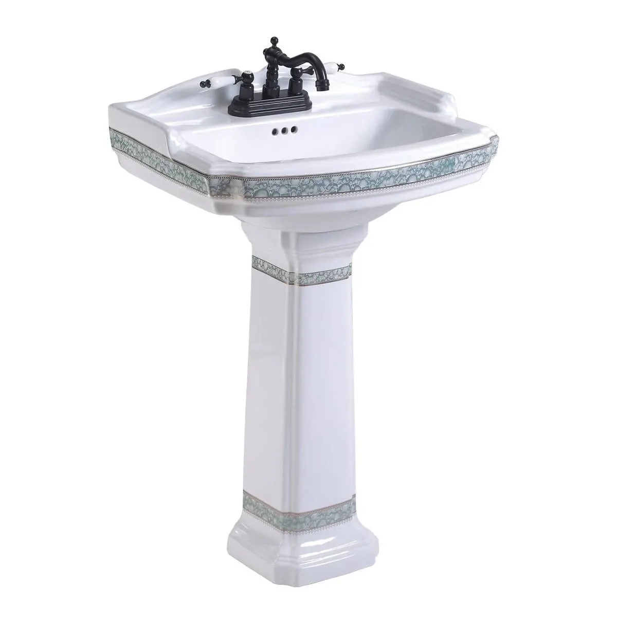 India Reserve White Pedestal Bathroom Sink  23" Green and Gold with Overflow - Traditional - Bathroom Sinks - by Renovators Supply Manufacturing | Houzz