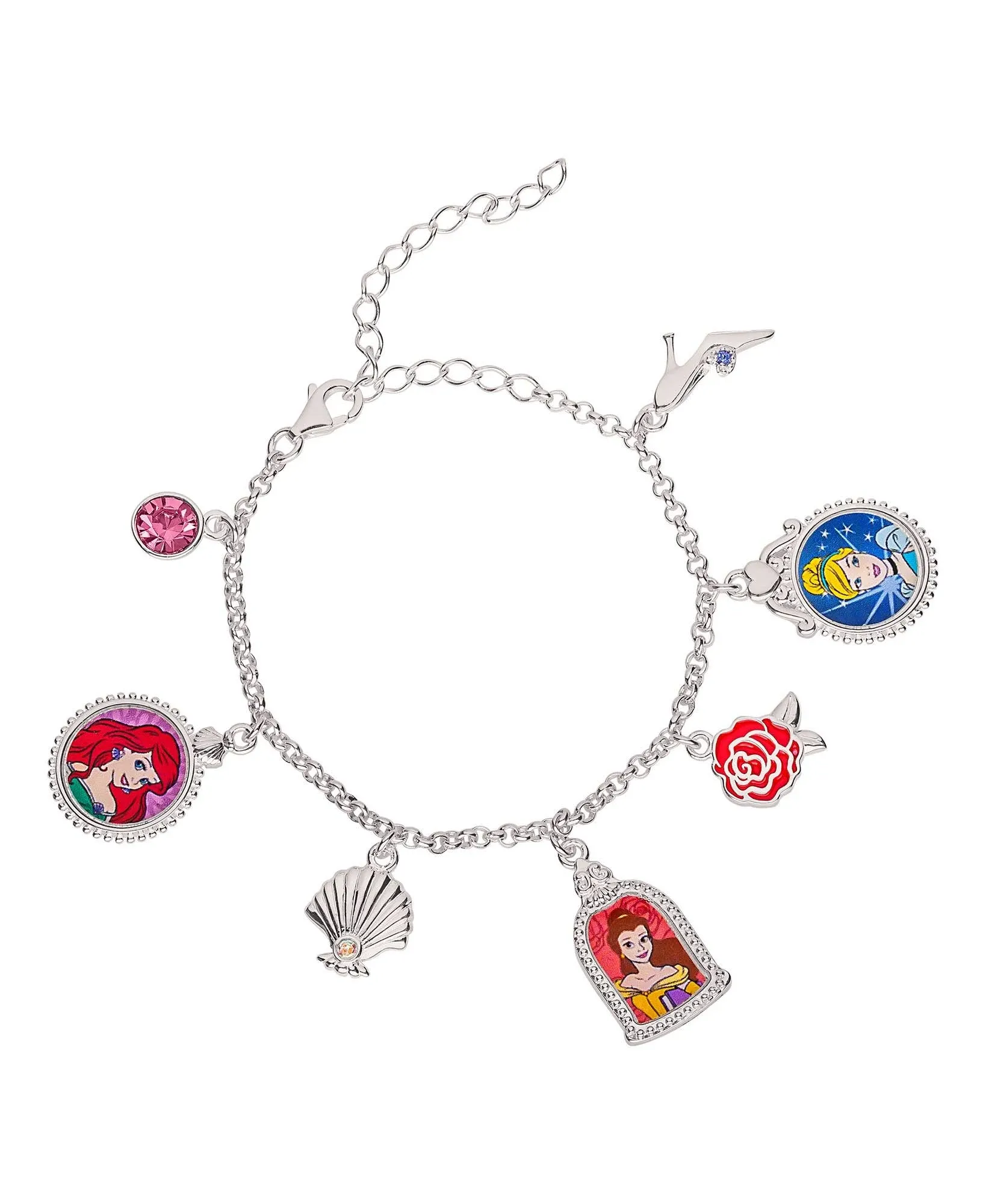 Disney Princess Girl's Jewelry Sterling Silver Multi Crystal Charm Bracelet, 5"